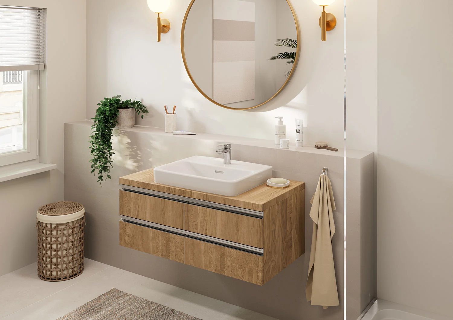 Łazienka z umywalką i lustrem, hansgrohe
