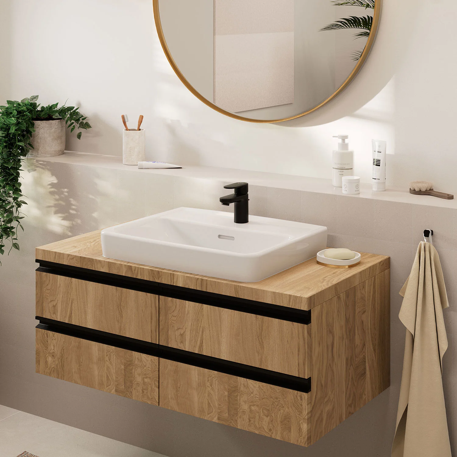 Zbliżenie drewnianej umywalki z czarną baterią, hansgrohe