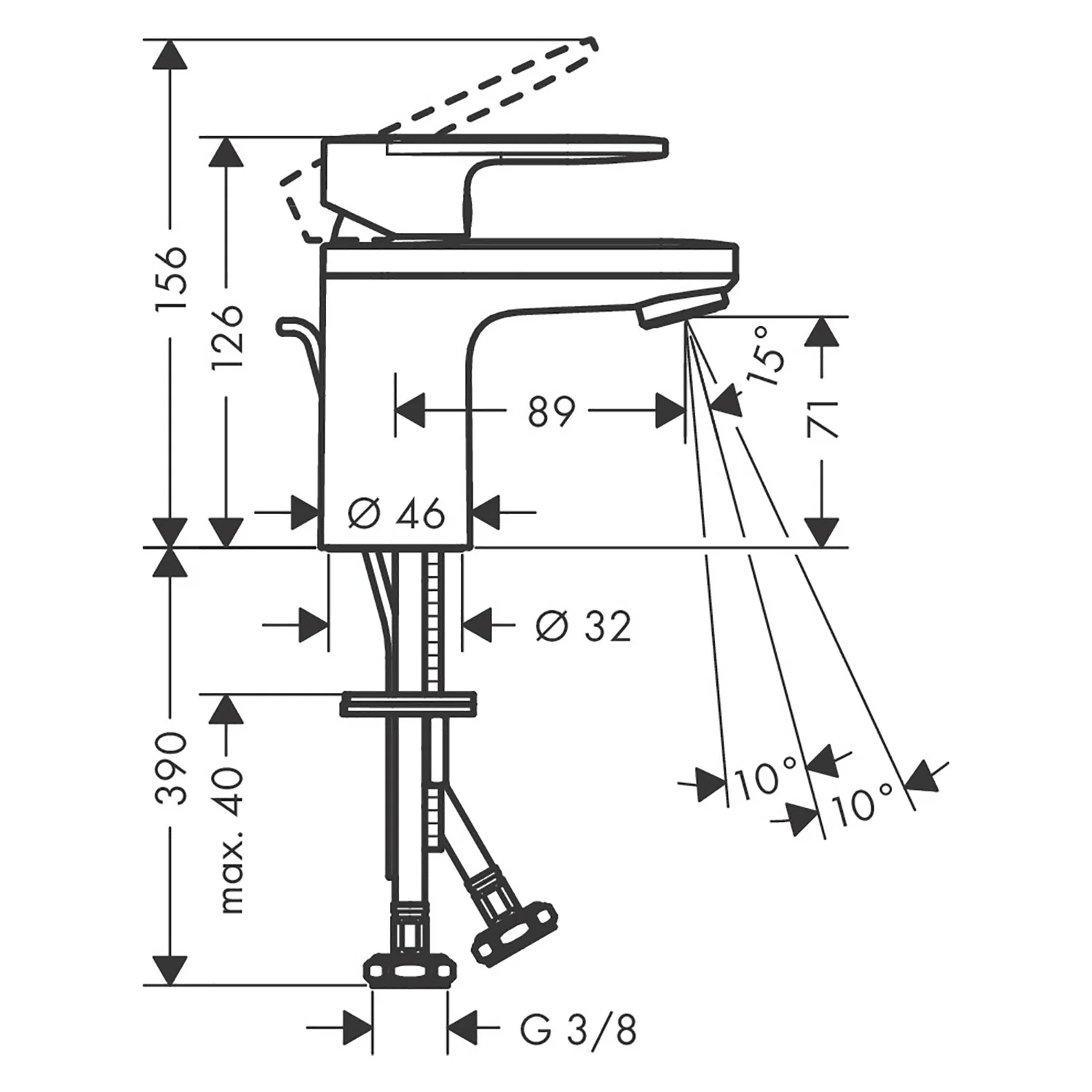 Rysunek techniczny baterii umywalkowej z wymiarami, hansgrohe