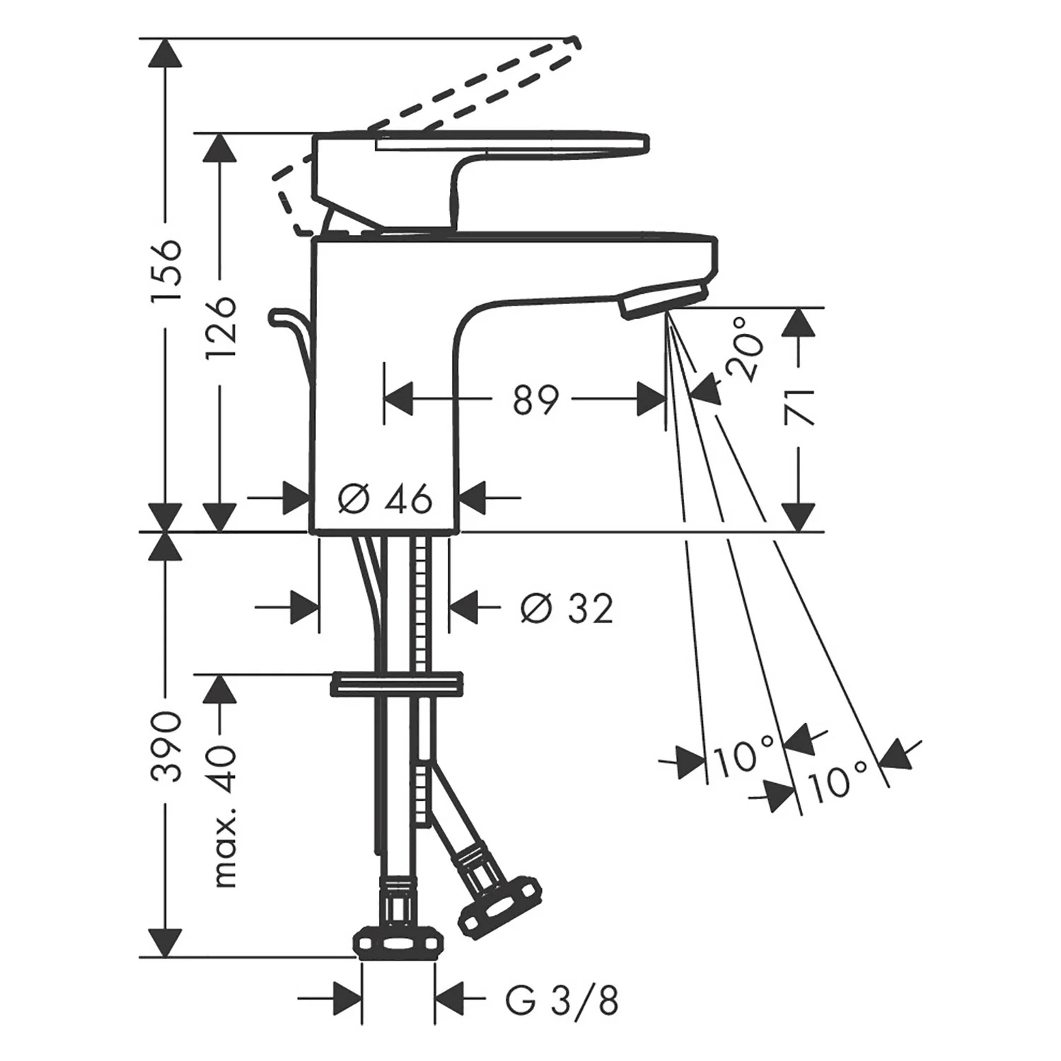 Rysunek techniczny baterii umywalkowej z wymiarami, hansgrohe