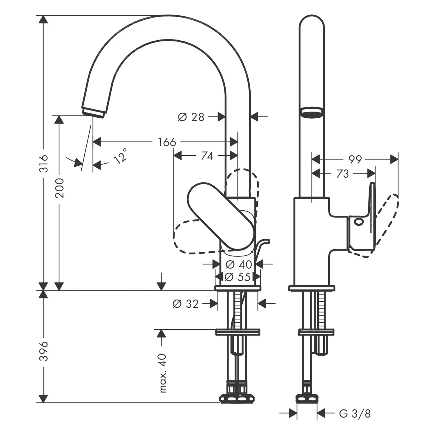 Rysunek techniczny baterii z dźwignią, hansgrohe