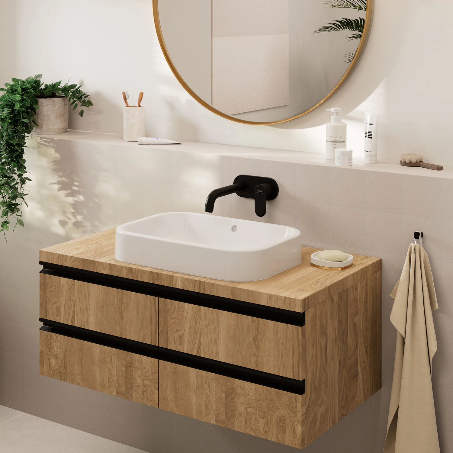Umywalka z czarną baterią zbliżenie, hansgrohe
