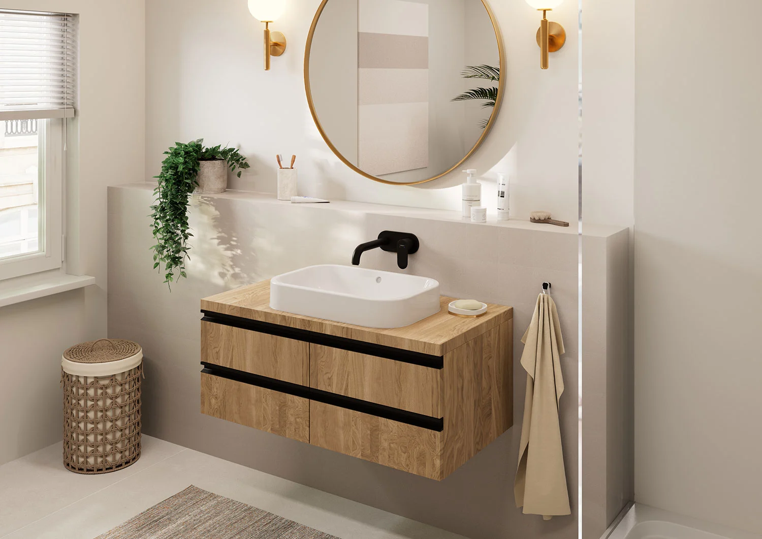 Łazienka z drewnianą umywalką i okrągłym lustrem, hansgrohe