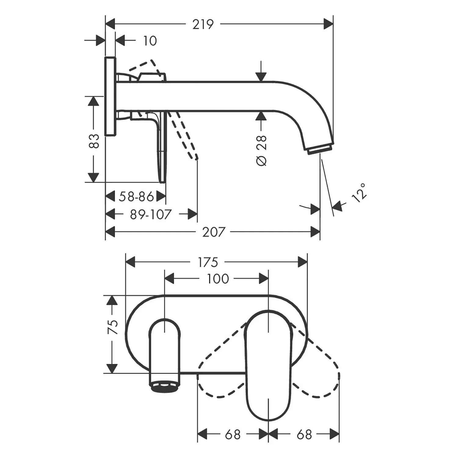 Rysunek techniczny baterii umywalkowej podtynkowej z wymiarami, hansgrohe