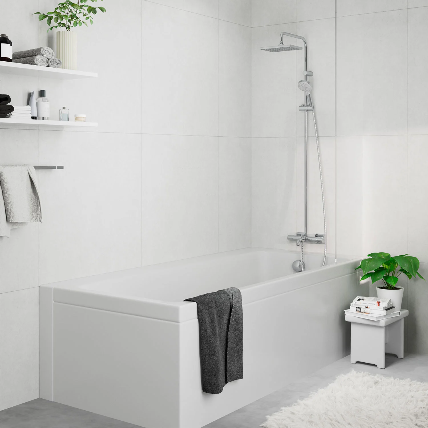 Prysznic z wanną w jasnym otoczeniu, hansgrohe