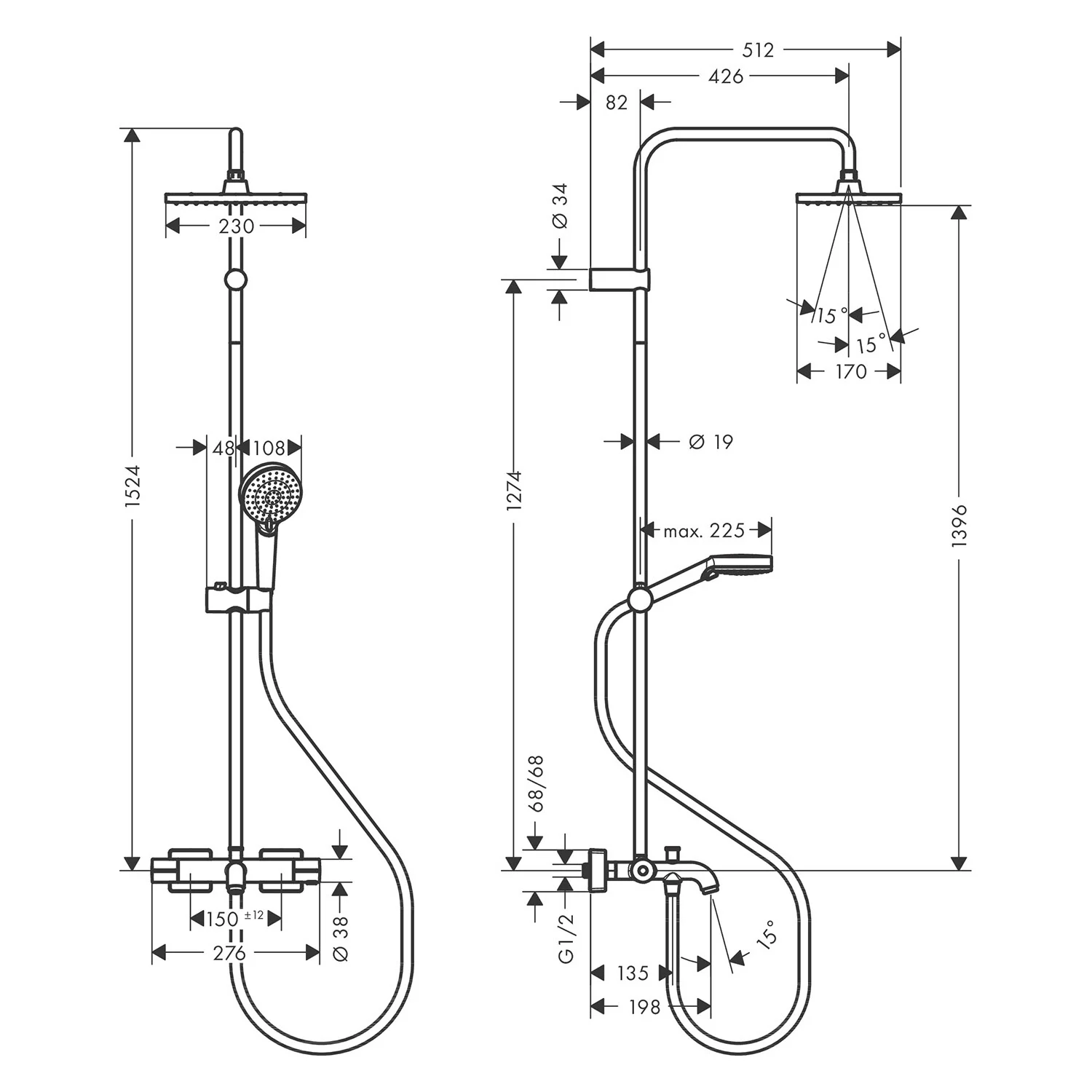 Rysunek techniczny systemu prysznicowego z wymiarami, hansgrohe