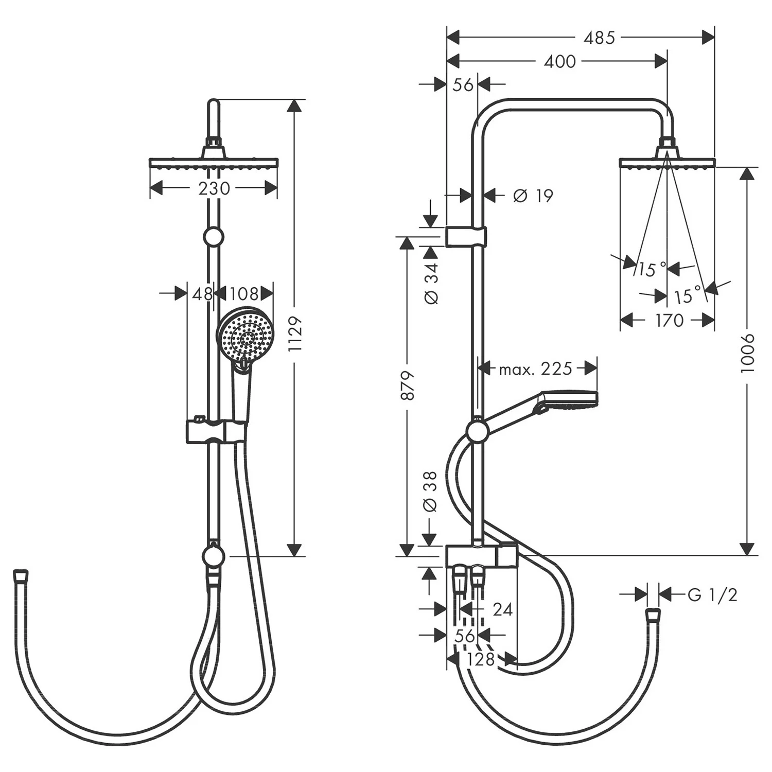 Rysunek techniczny systemu prysznicowego z wymiarami, hansgrohe