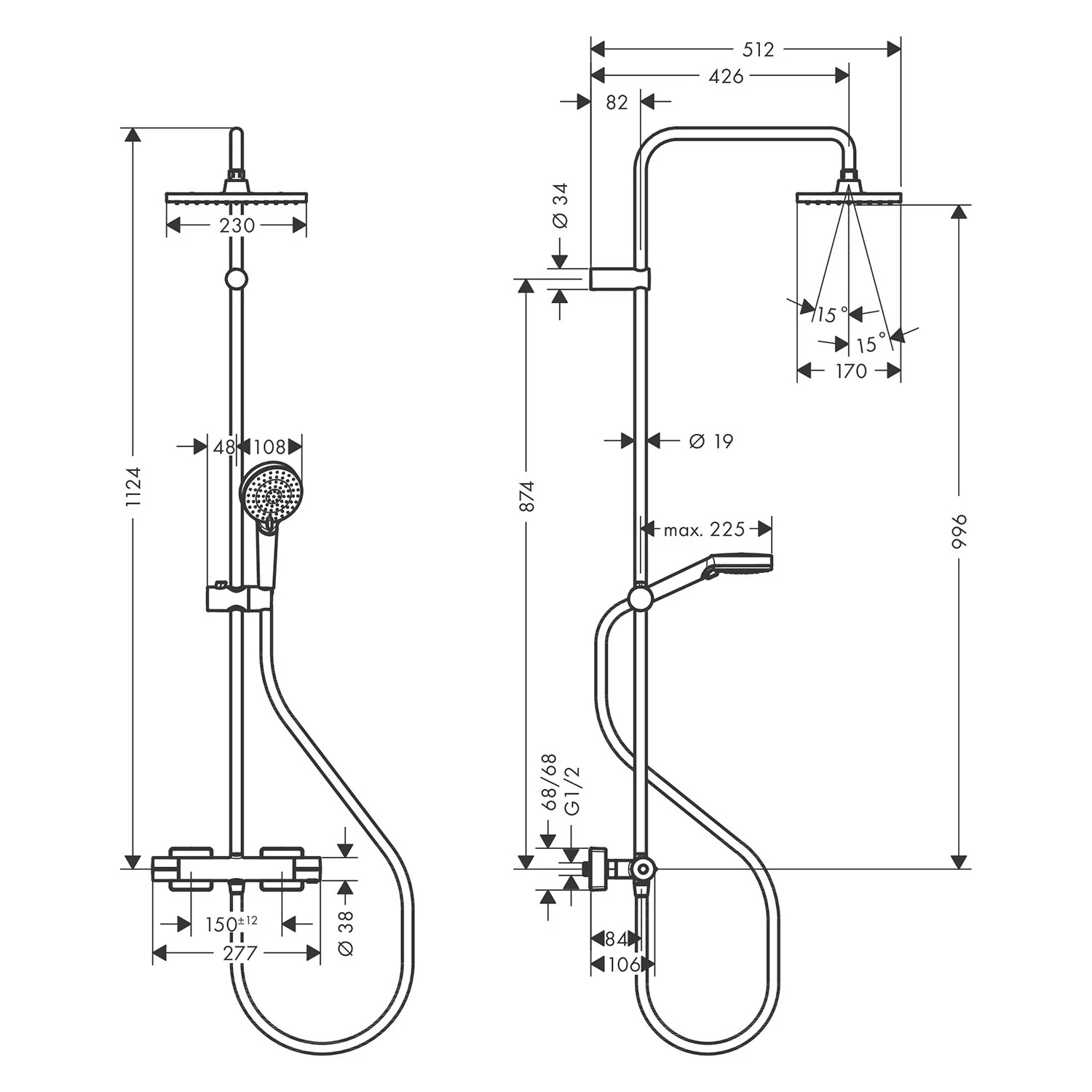 Rysunek techniczny systemu prysznicowego z wymiarami, hansgrohe