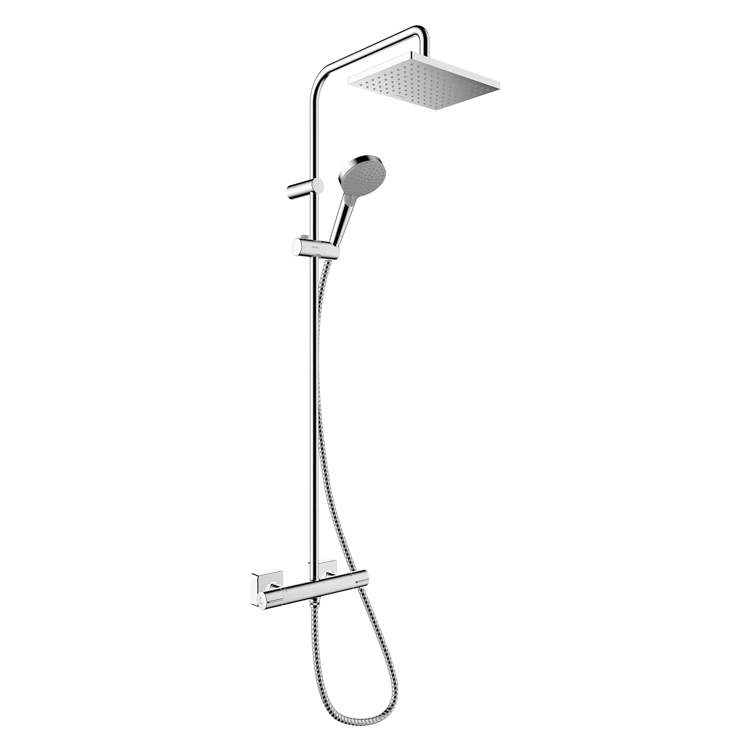 Chromowany system prysznicowy w widoku z boku, hansgrohe