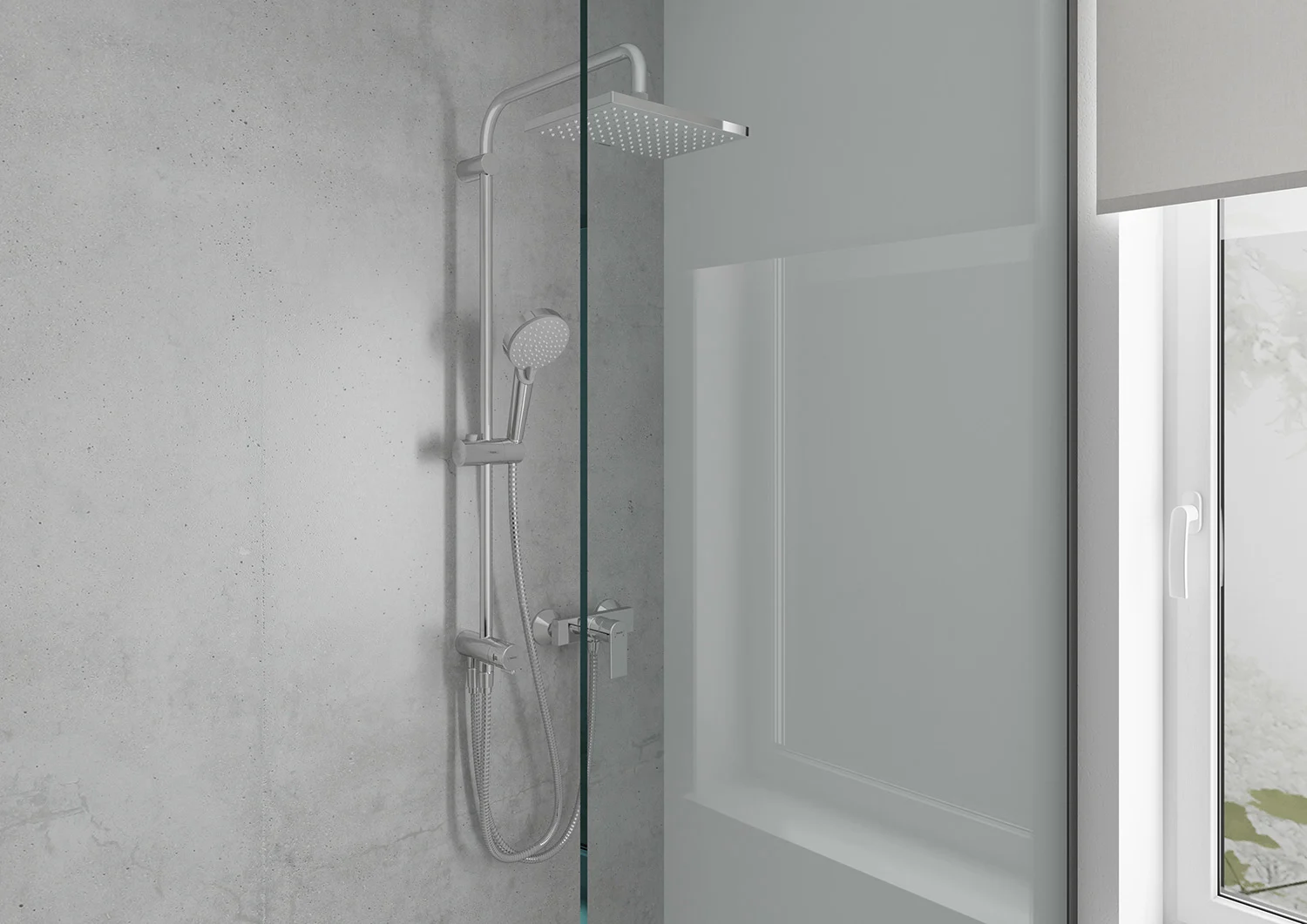 System prysznicowy w nowoczesnej łazience z oknem, hansgrohe