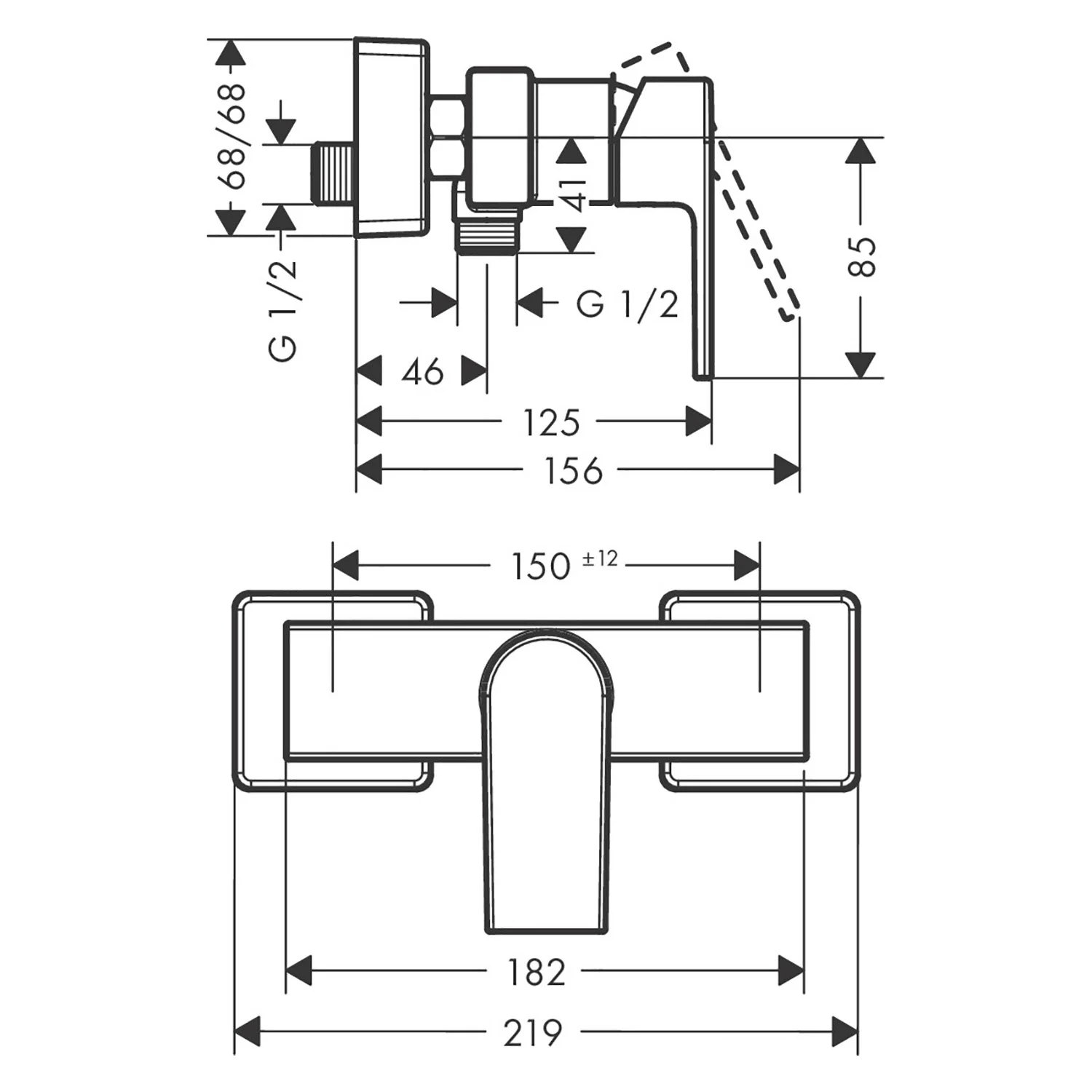 Rysunek techniczny baterii prysznicowej z wymiarami, hansgrohe