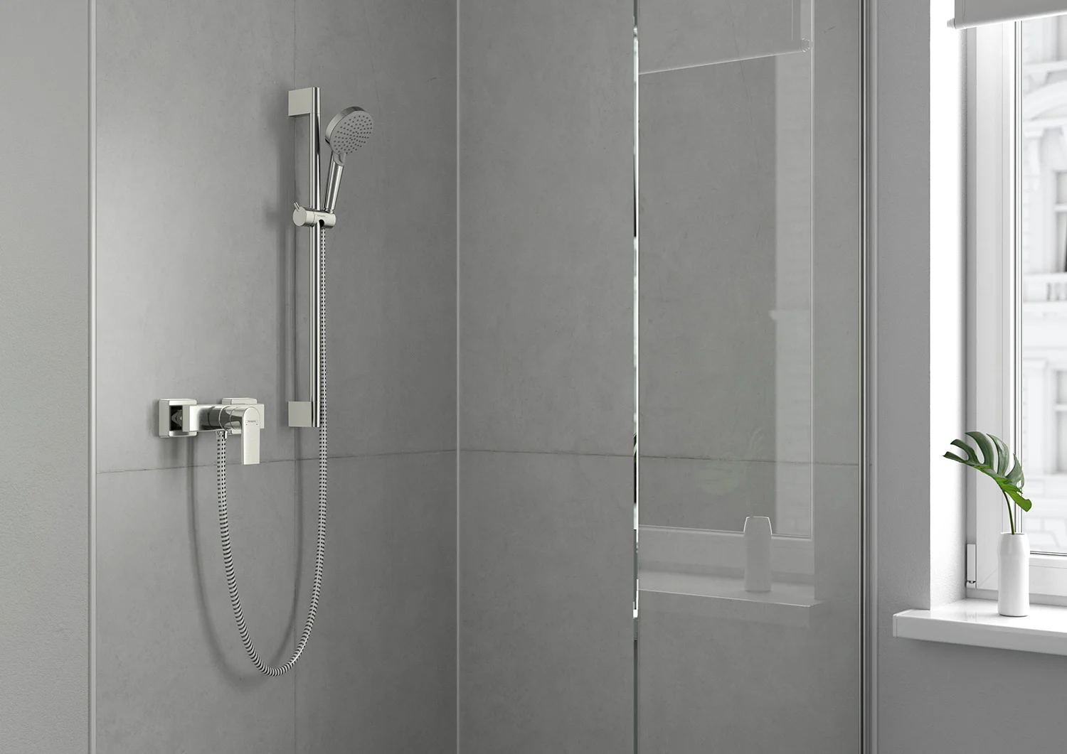 Jednouchwytowa bateria prysznicowa w nowoczesnej łazience, hansgrohe
