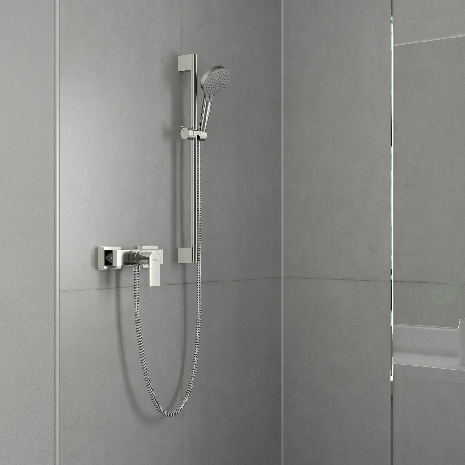 Jednouchwytowa bateria prysznicowa w szarej kabinie prysznicowej, hansgrohe