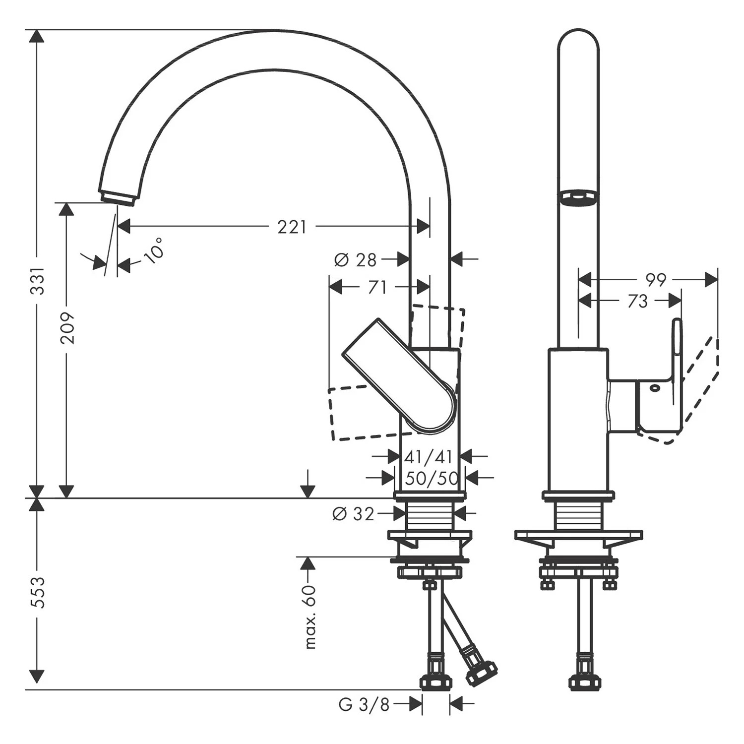 Rysunek techniczny baterii kuchennej z wymiarami, hansgrohe