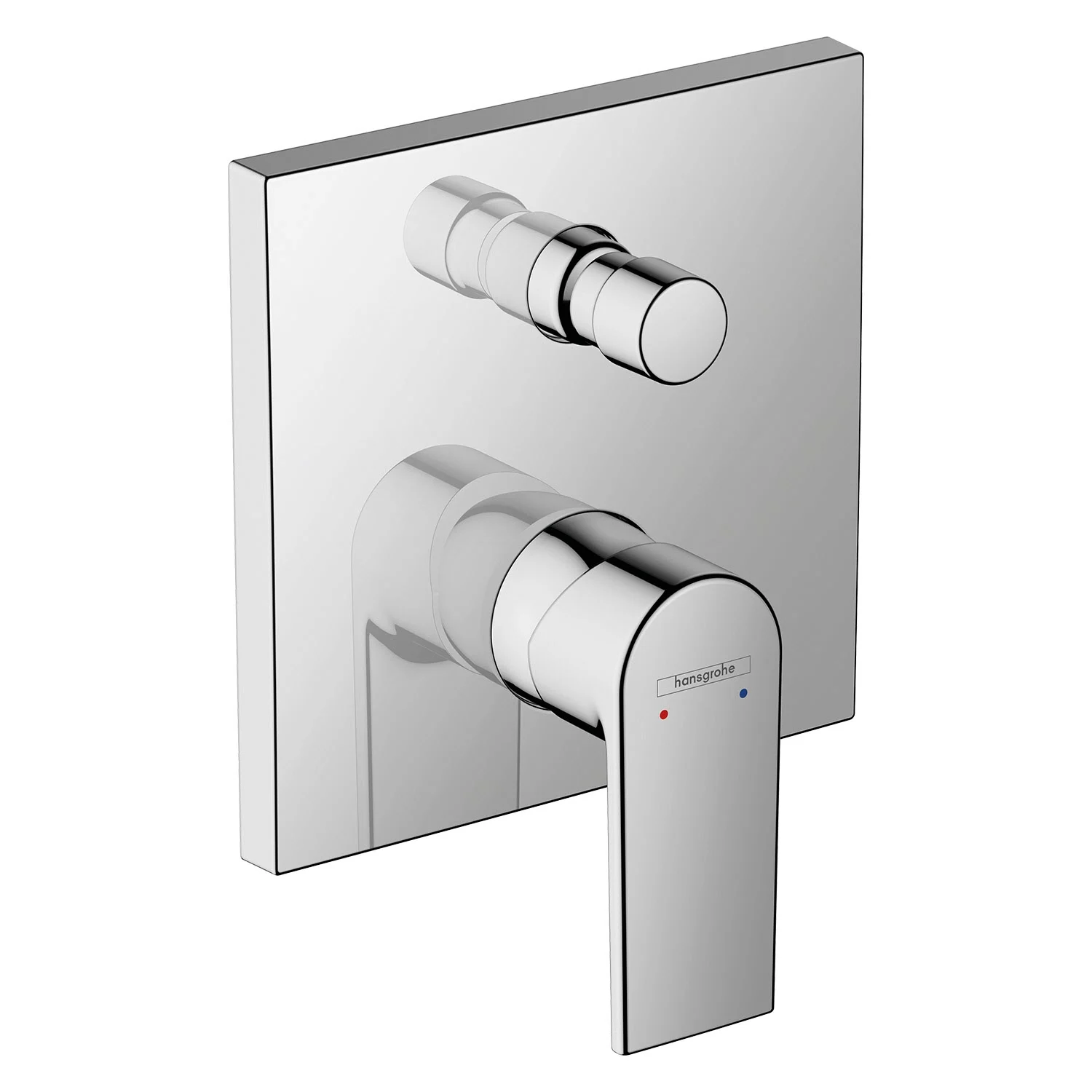 Kwadratowa chromowana bateria wannowa widok z przodu na białym tle, hansgrohe