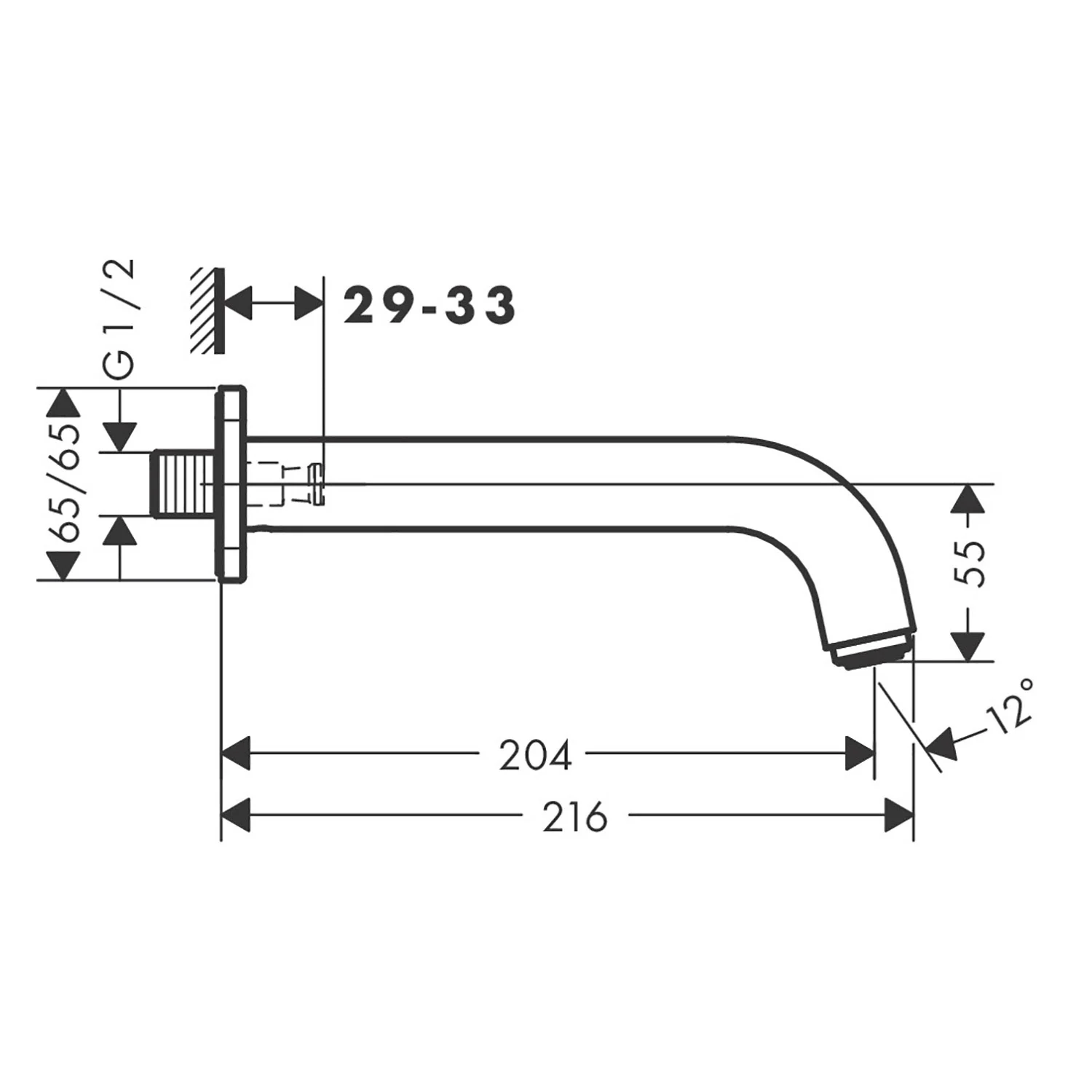 Rysunek techniczny wylewki wannowej z wymiarami, hansgrohe