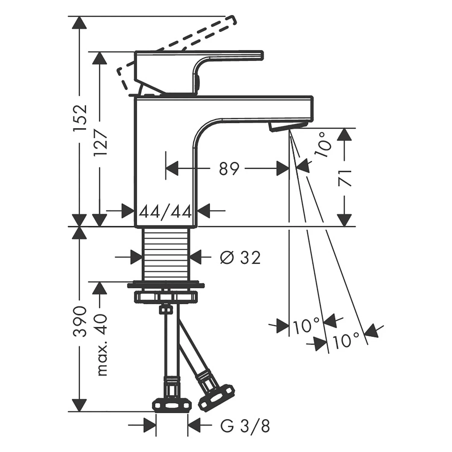 Rysunek techniczny baterii umywalkowej z wymiarami, hansgrohe