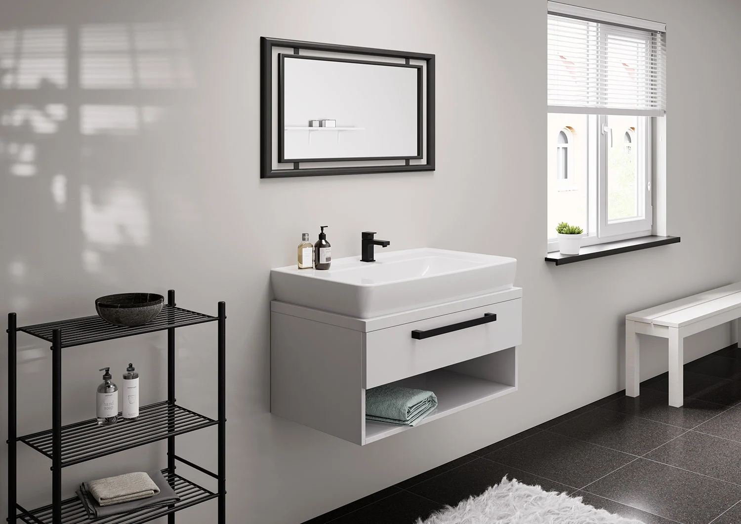 Łazienka z umywalką i czarnym zaworem stojącym, hansgrohe