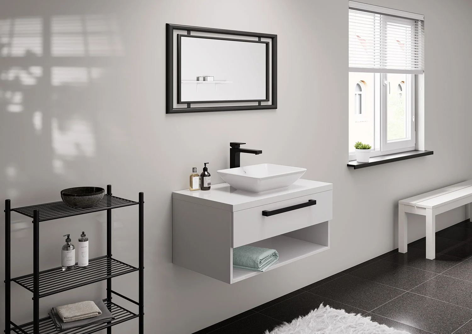 Łazienka z umywalką i czarną baterią, hansgrohe