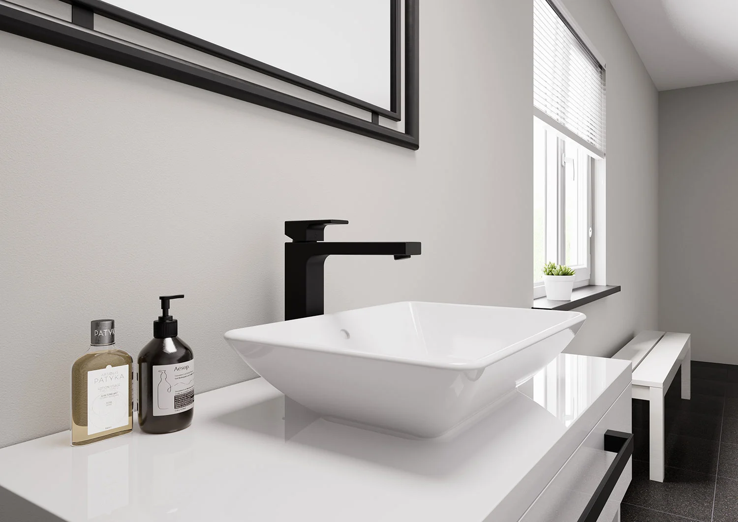 Łazienka z czarną baterią i umywalką, hansgrohe