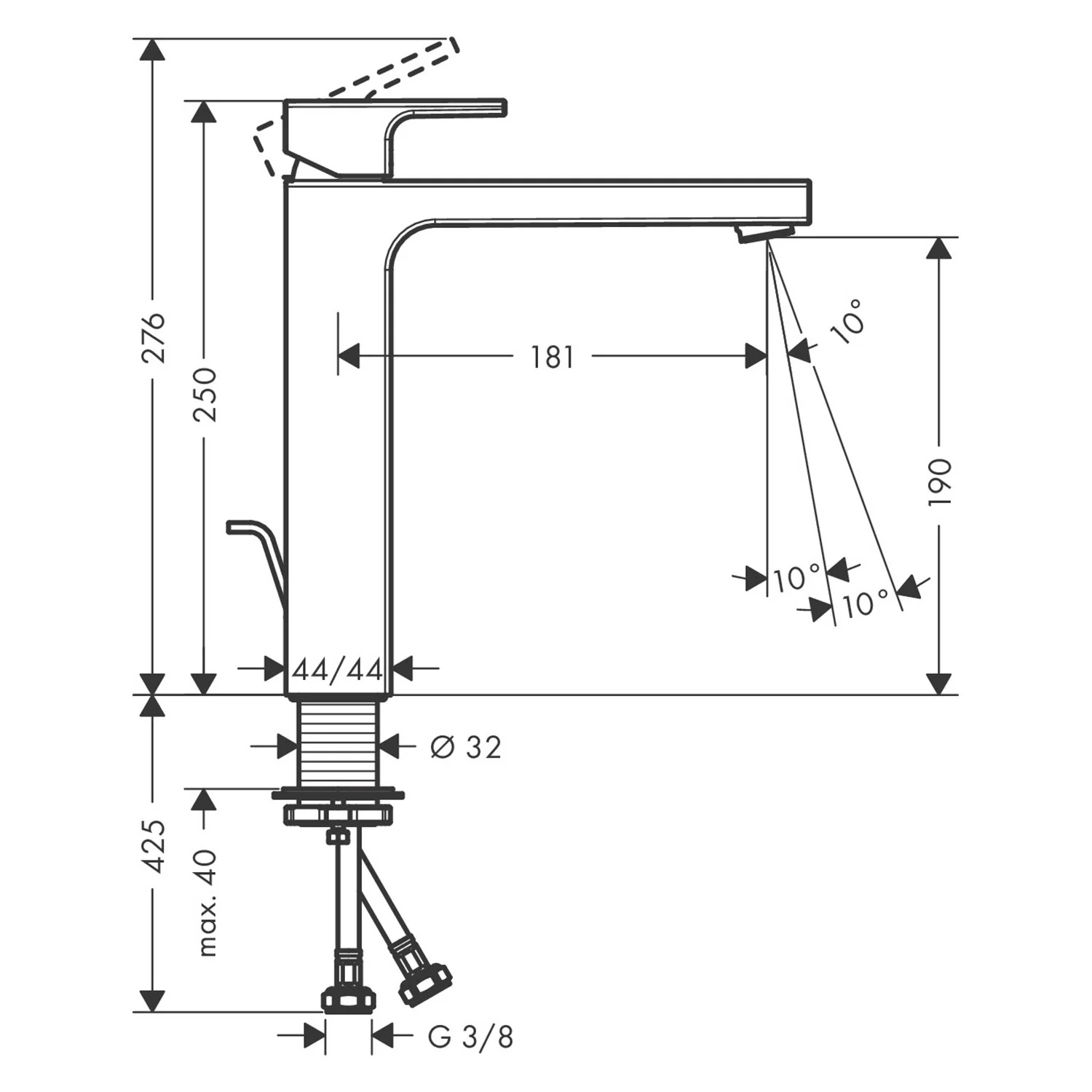 Rysunek techniczny baterii umywalkowej z wymiarami, hansgrohe