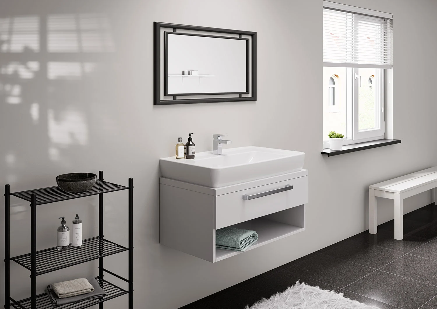 Łazienka z umywalką i lustrem, hansgrohe