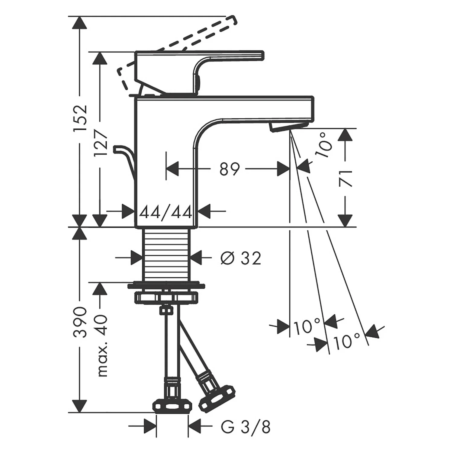 Rysunek techniczny baterii widok z boku, hansgrohe