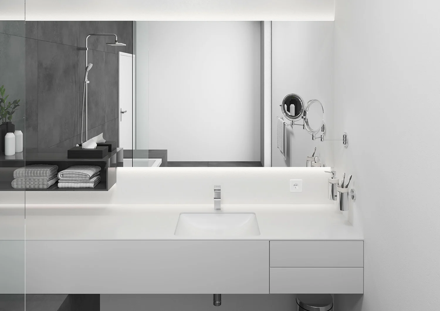 Nowoczesna łazienka z umywalką i lustrem, hansgrohe