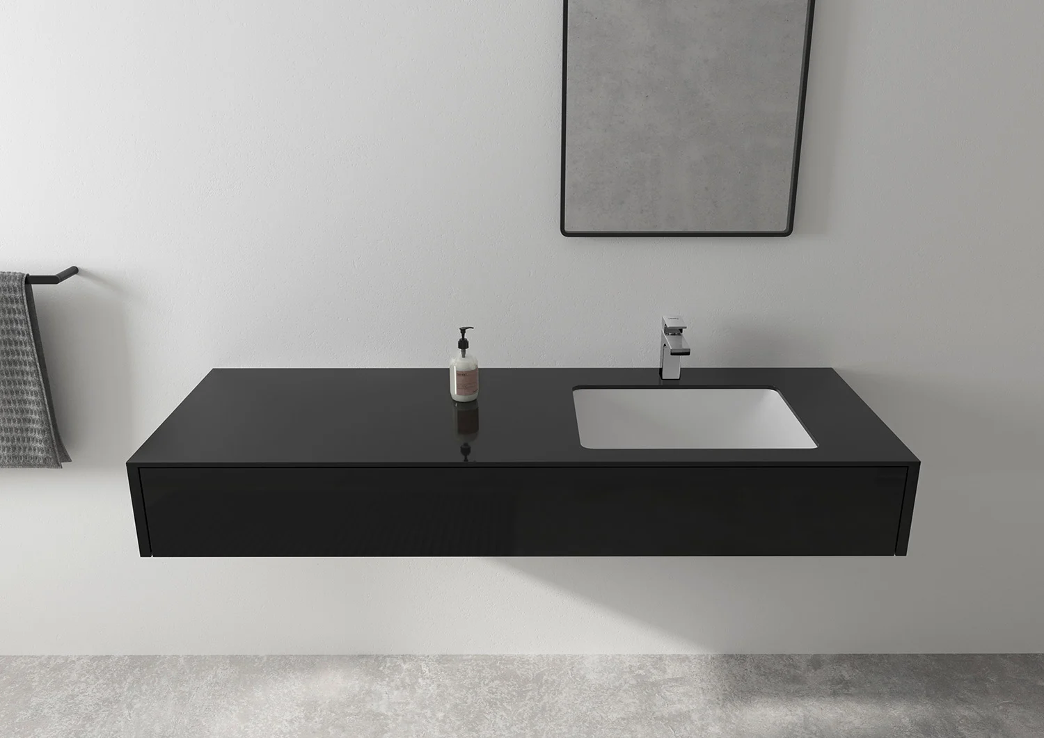 Czarny zlew z baterią w nowoczesnej łazience, hansgrohe