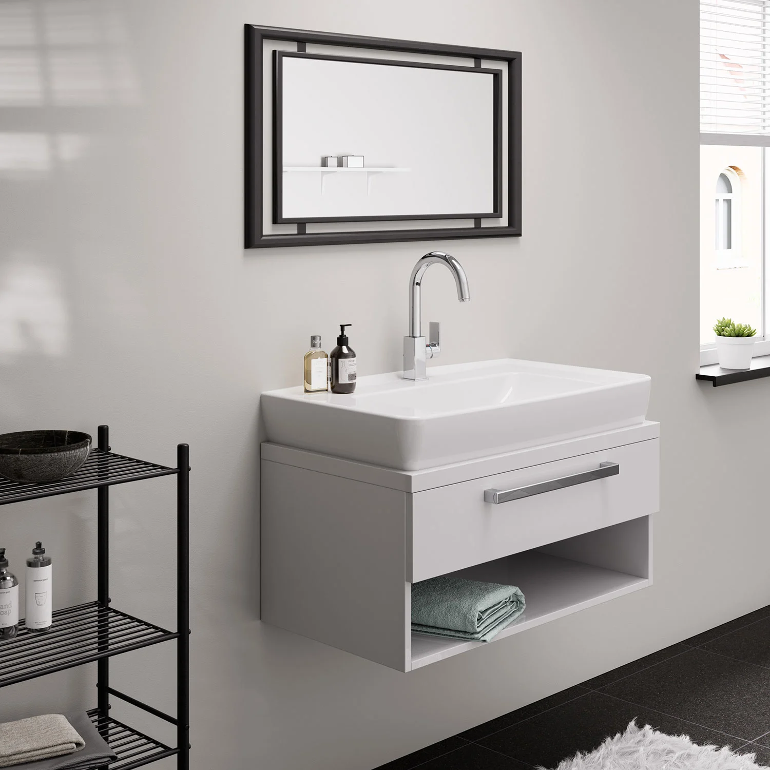 Nowoczesna łazienka z umywalką i lustrem, hansgrohe