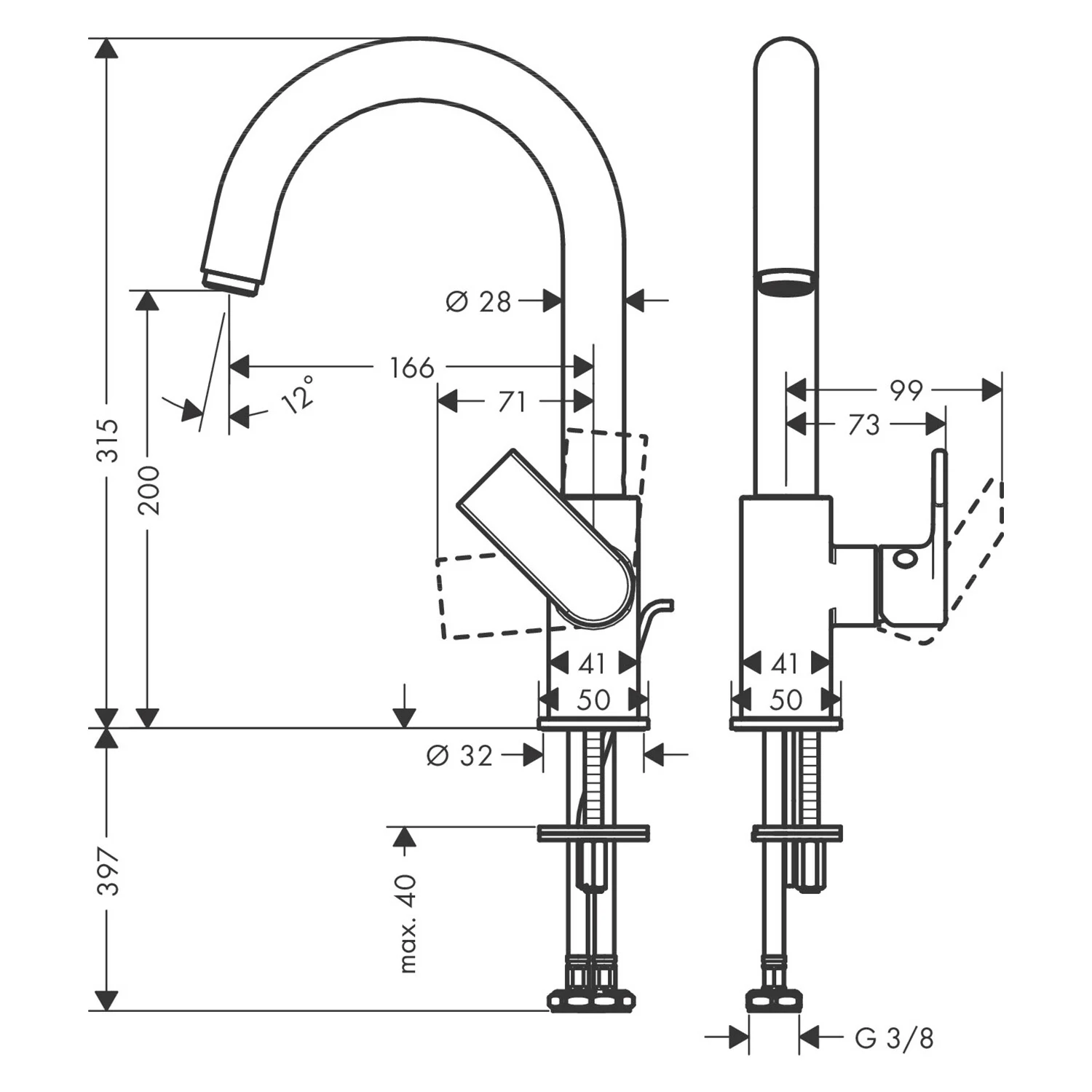 Rysunek techniczny baterii umywalkowej z wymiarami, hansgrohe