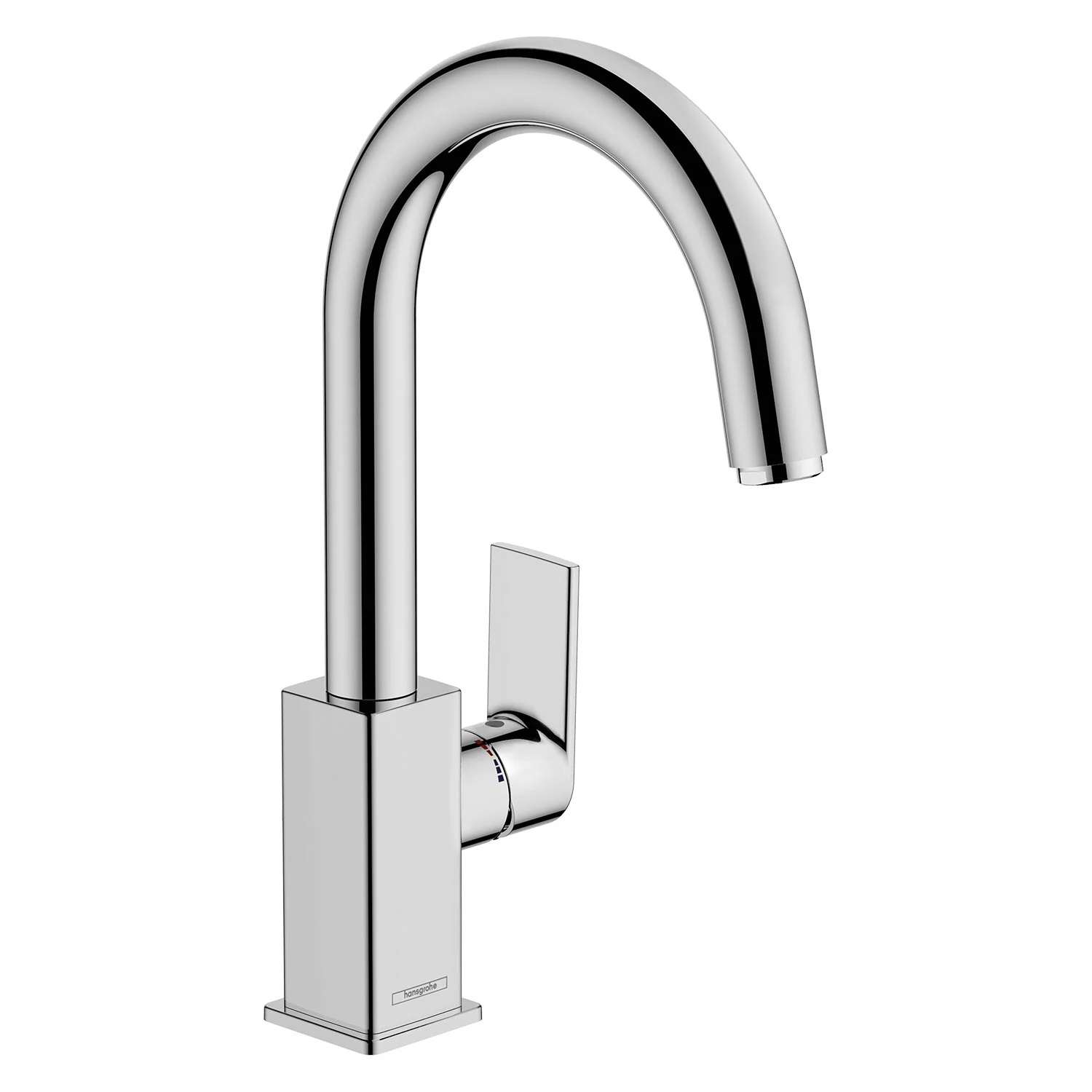 Chromowana bateria umywalkowa w widoku bocznym, hansgrohe