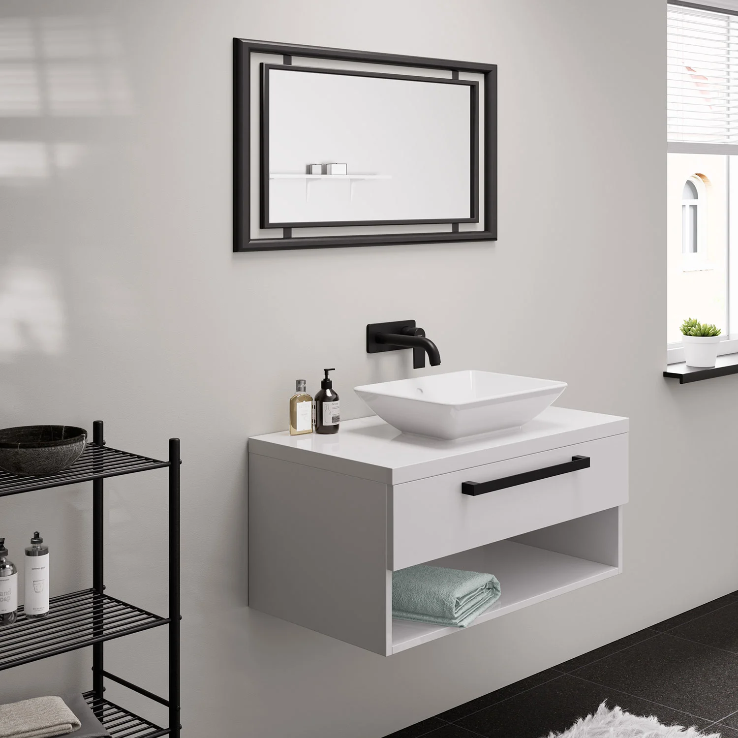 Łazienka z umywalką i lustrem ściennym, hansgrohe