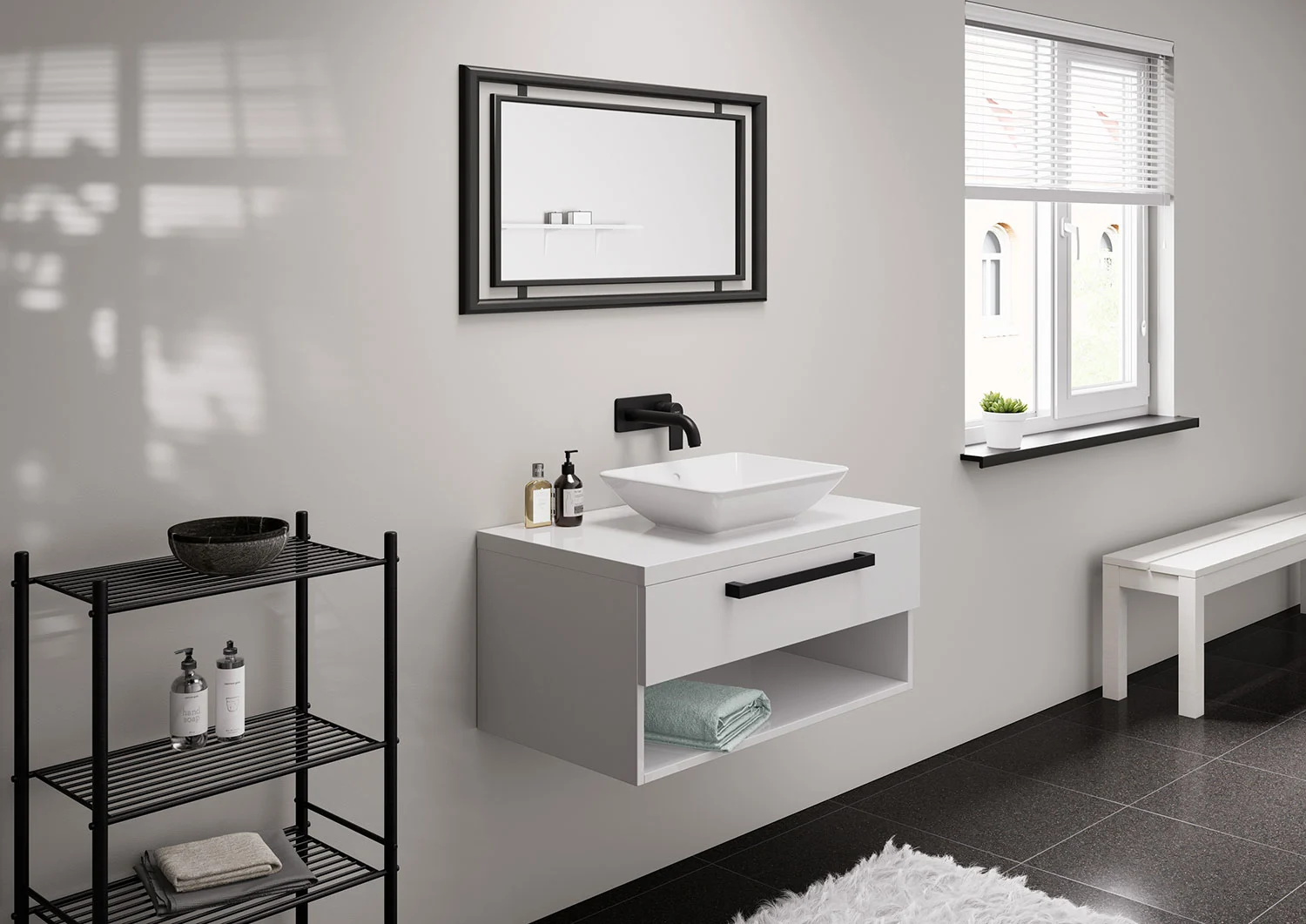 Nowoczesna łazienka z umywalką i lustrem, hansgrohe