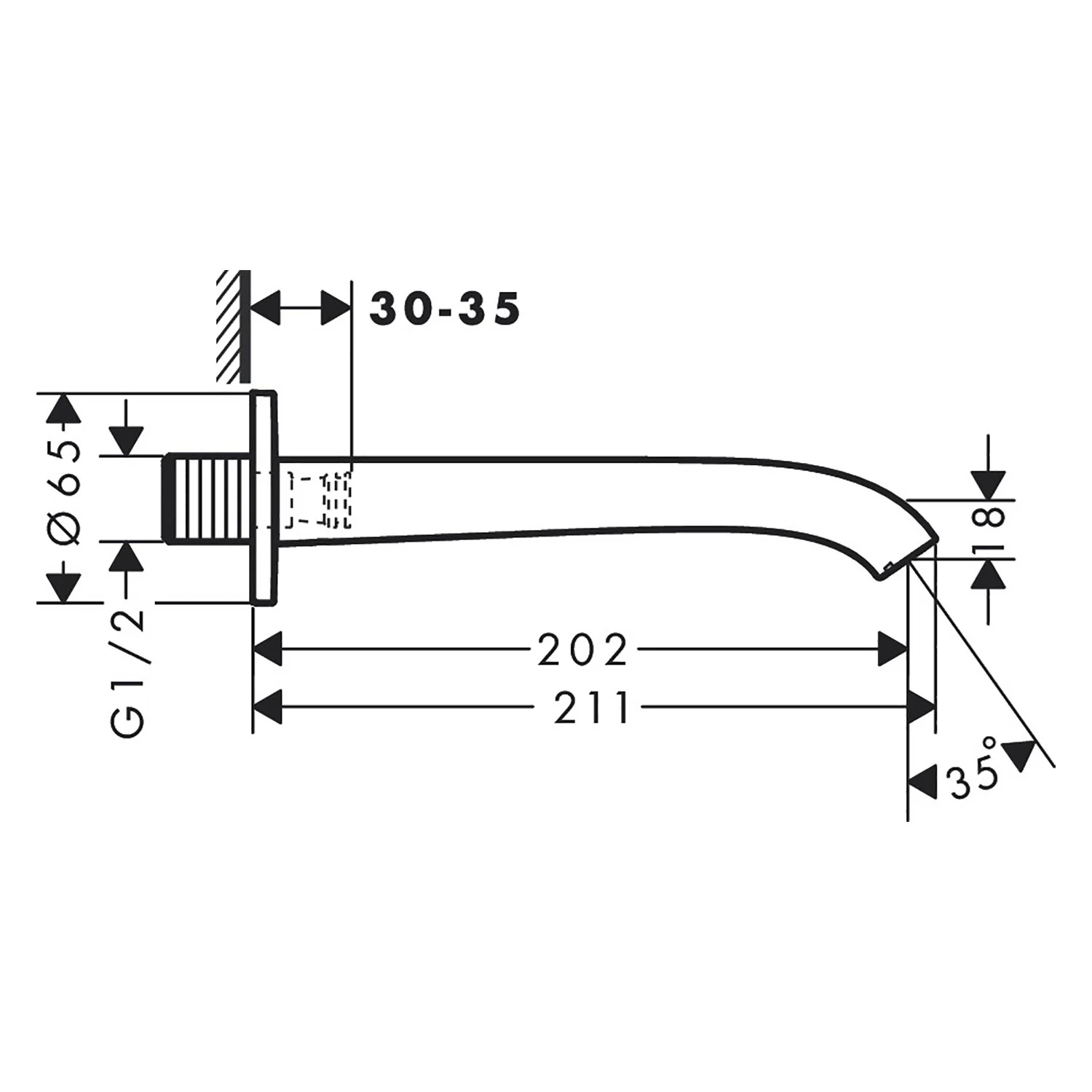 Rysunek techniczny wylewki wannowej z wymiarami, hansgrohe