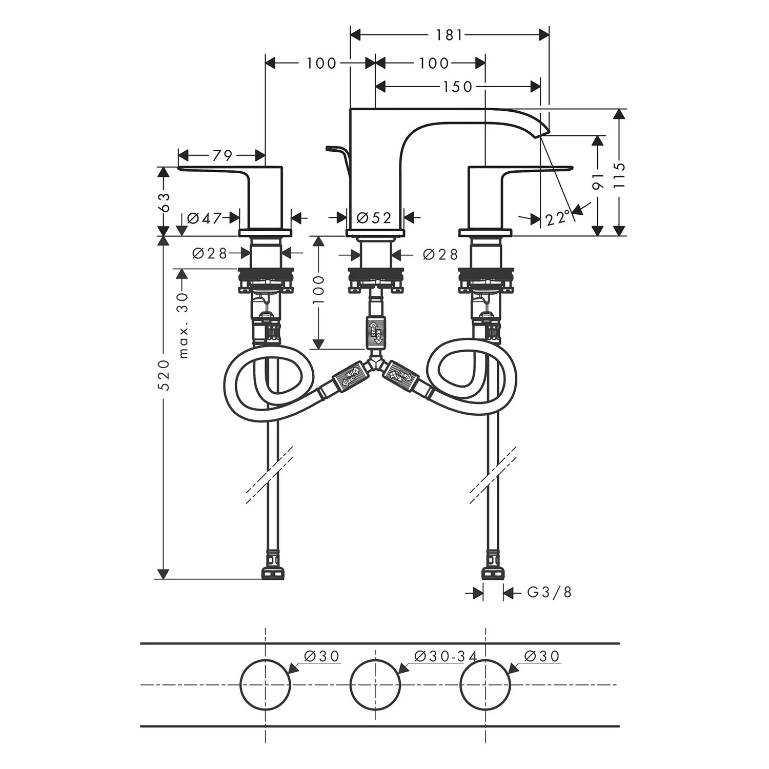 Rysunek techniczny baterii umywalkowej 3-otworowej z wymiarami, hansgrohe