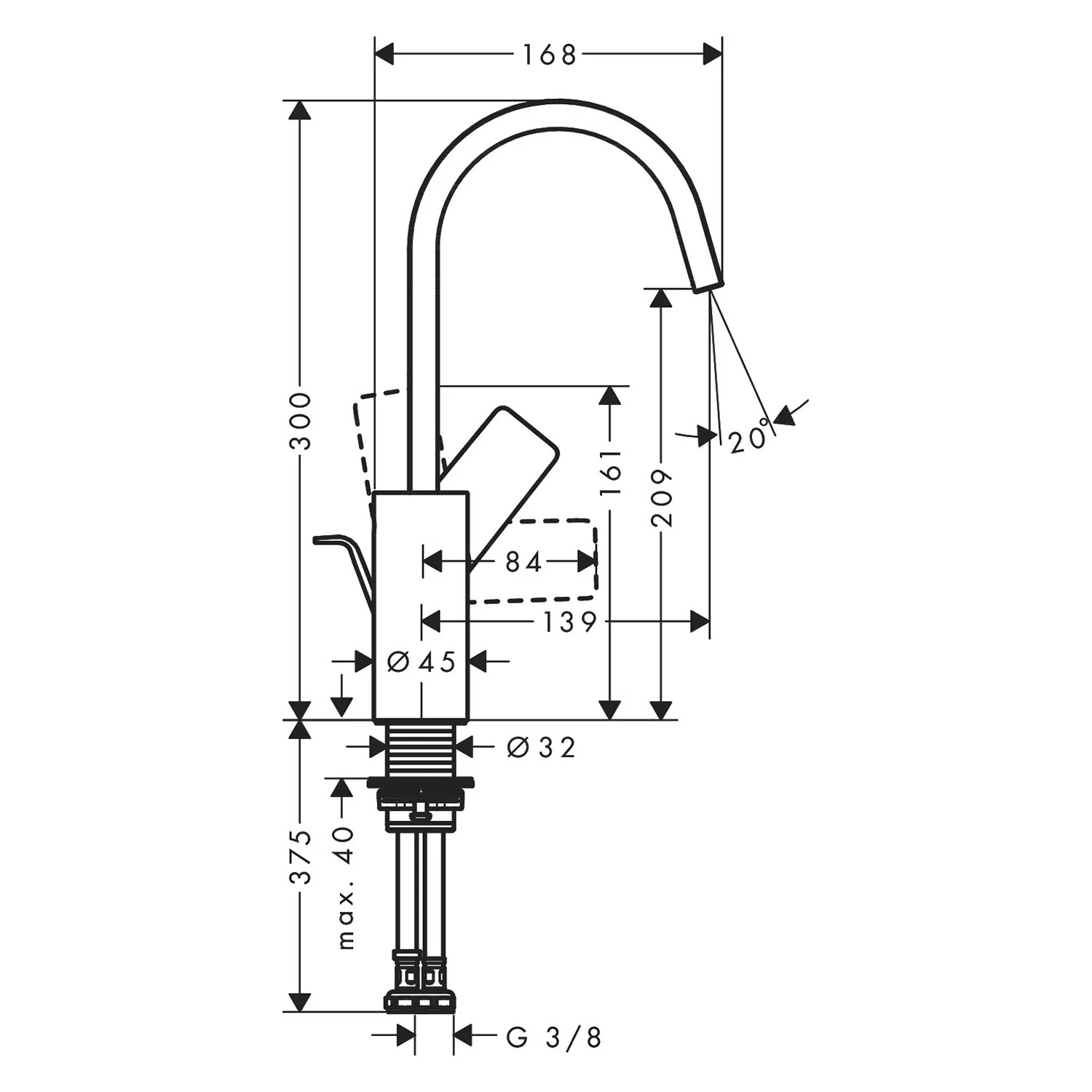 Rysunek techniczny baterii umywalkowej z wymiarami, hansgrohe