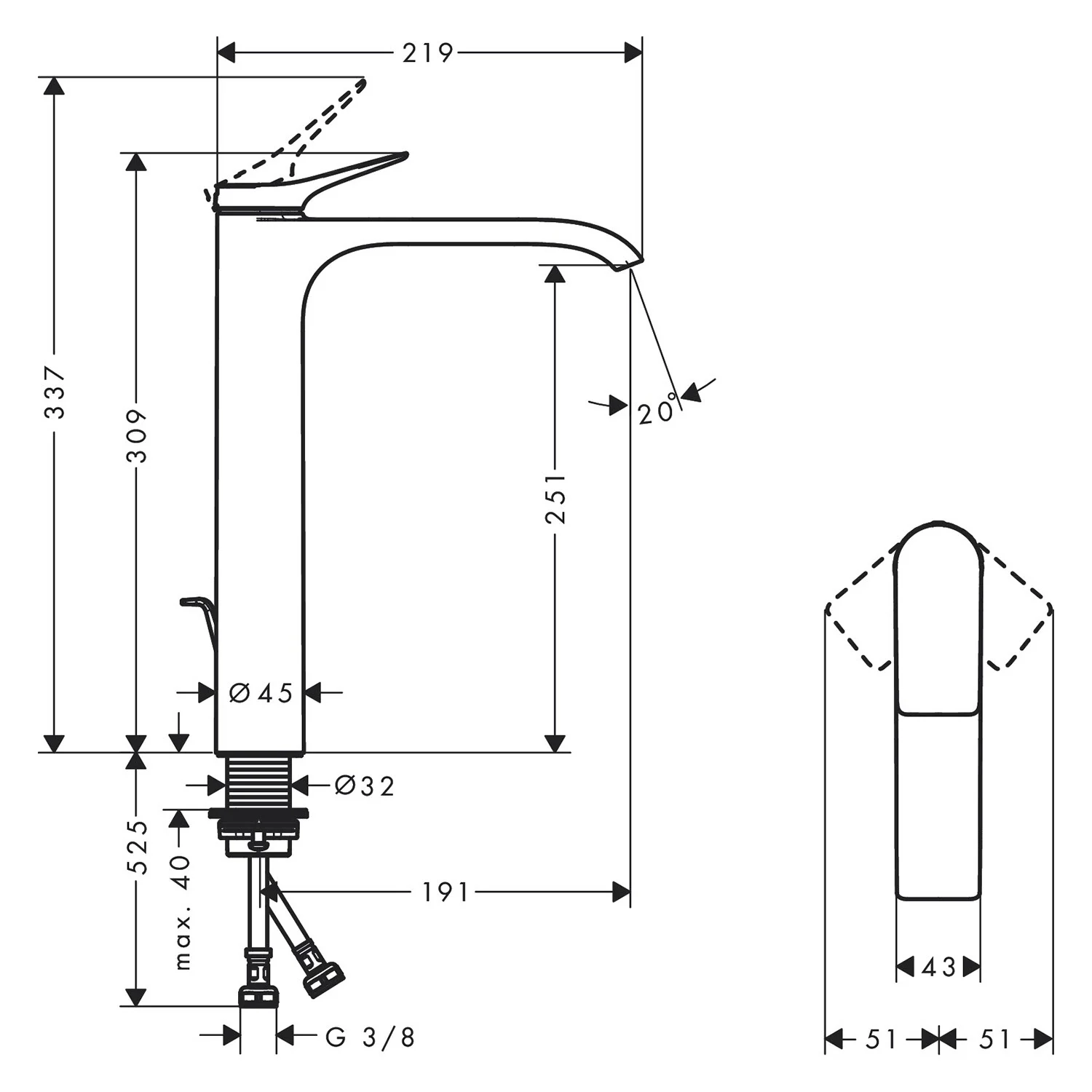 Rysunek techniczny baterii umywalkowej z wymiarami, hansgrohe