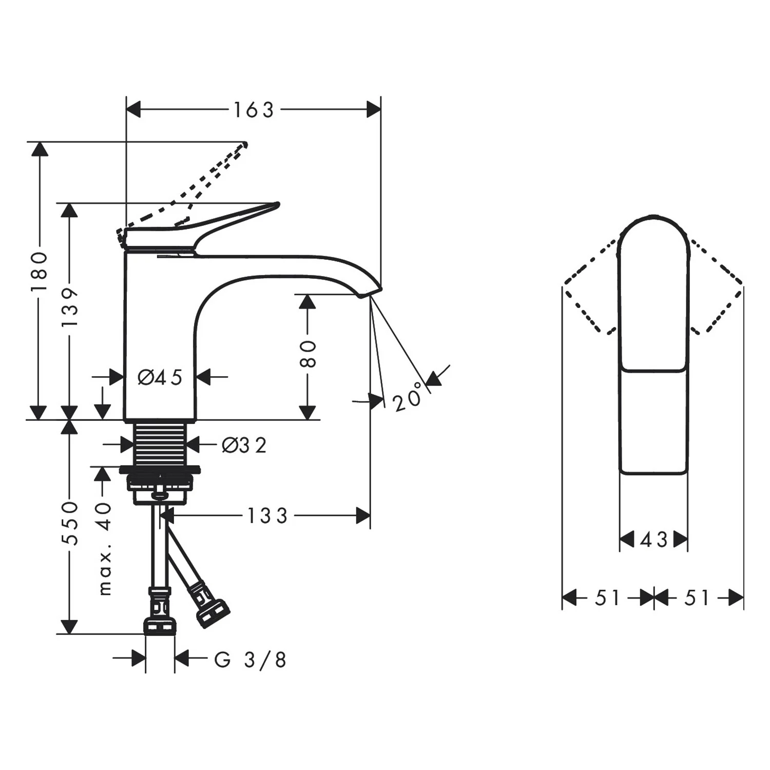 Rysunek techniczny baterii umywalkowej, hansgrohe