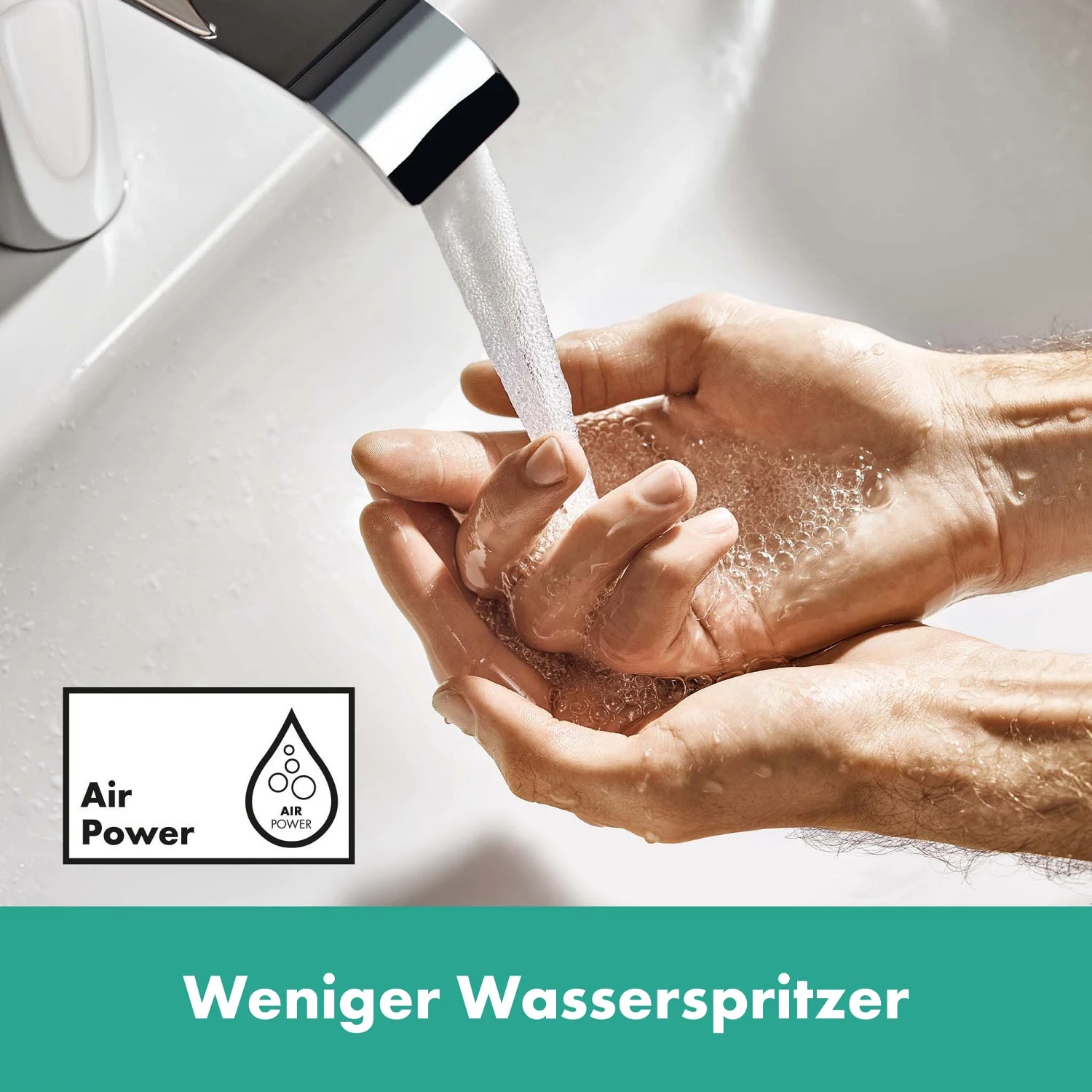 Ręce pod strumieniem wody z technologią AirPower, hansgrohe