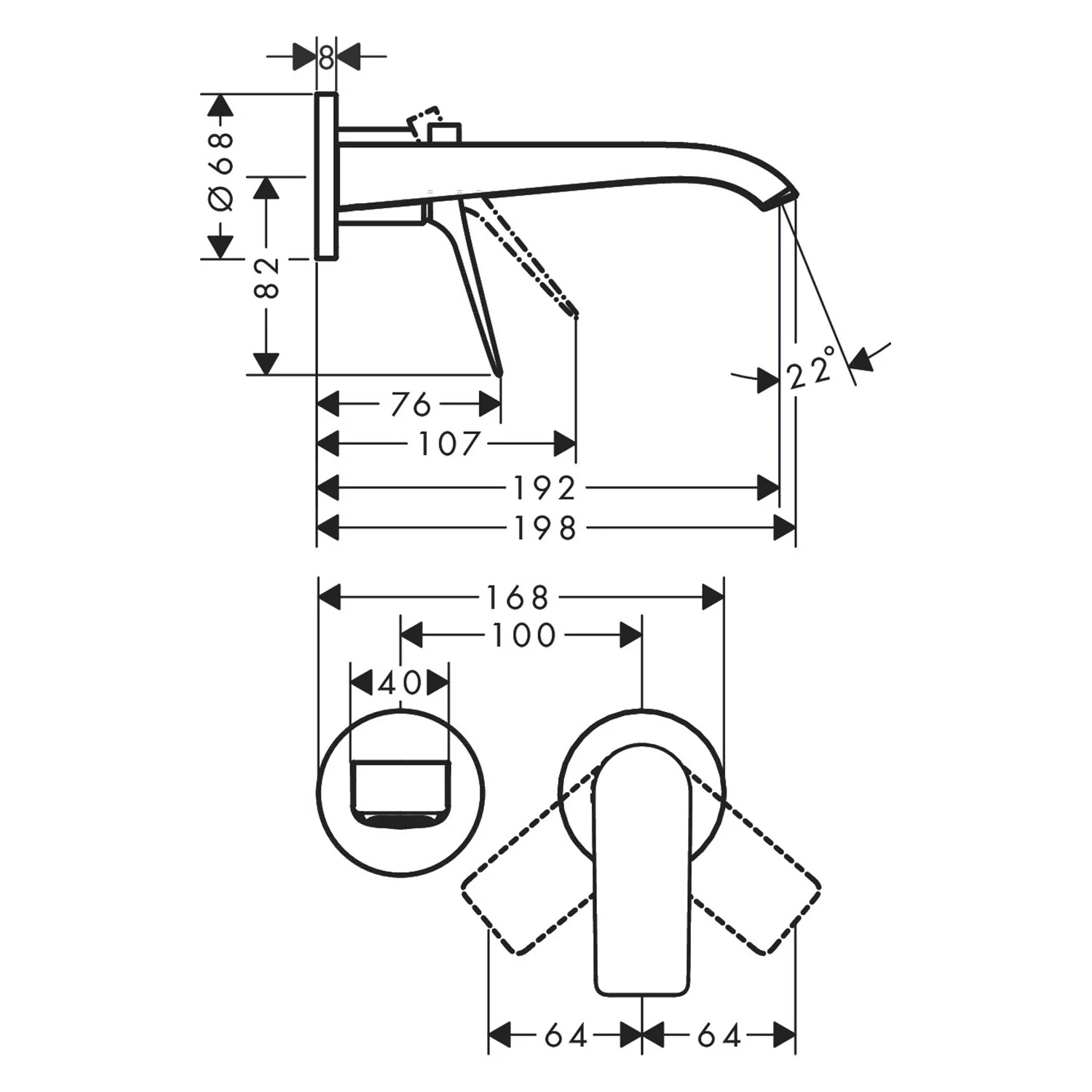 Rysunek techniczny baterii umywalkowej podtynkowej z wymiarami, hansgrohe