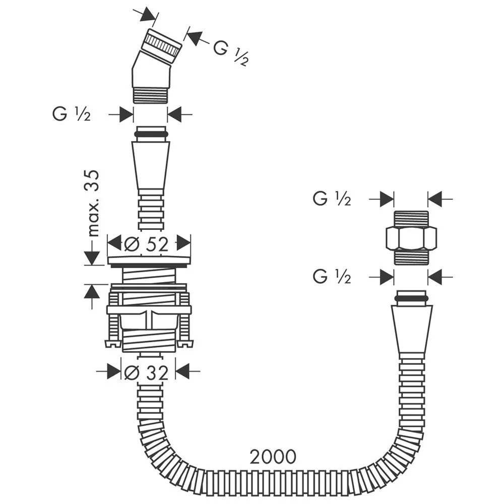 Rysunek techniczny uchwytu prysznicowego z wymiarami, hansgrohe