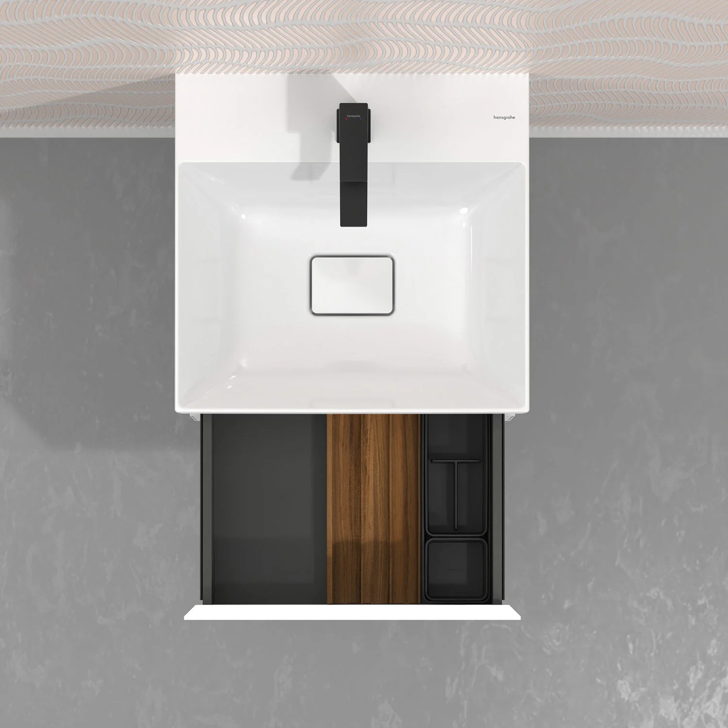 Jeden zlew z otwartą szufladą widok z góry, hansgrohe