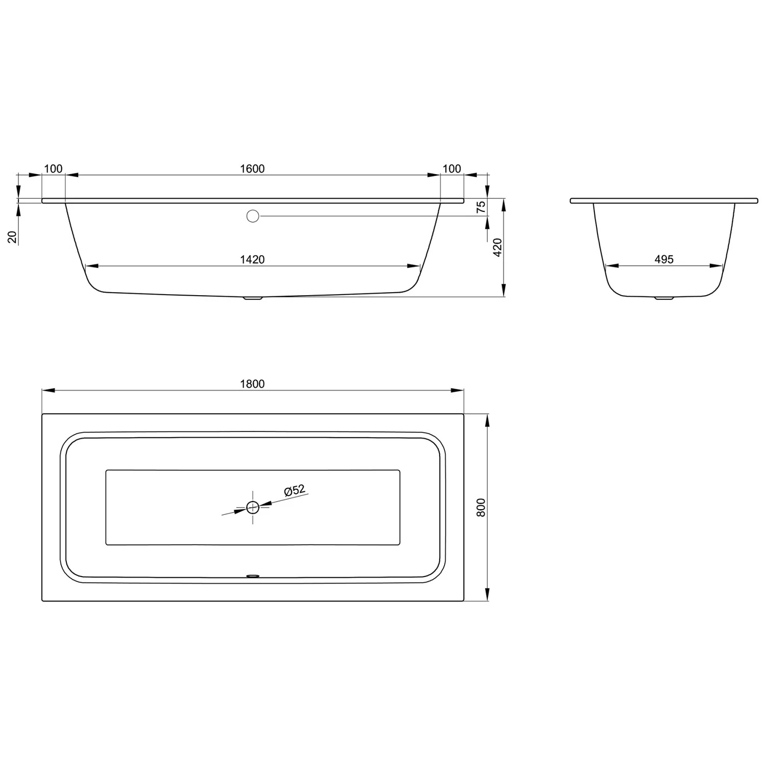 Bette One Badewanne 180 x 80 mit rundem Ablauf Bild 5