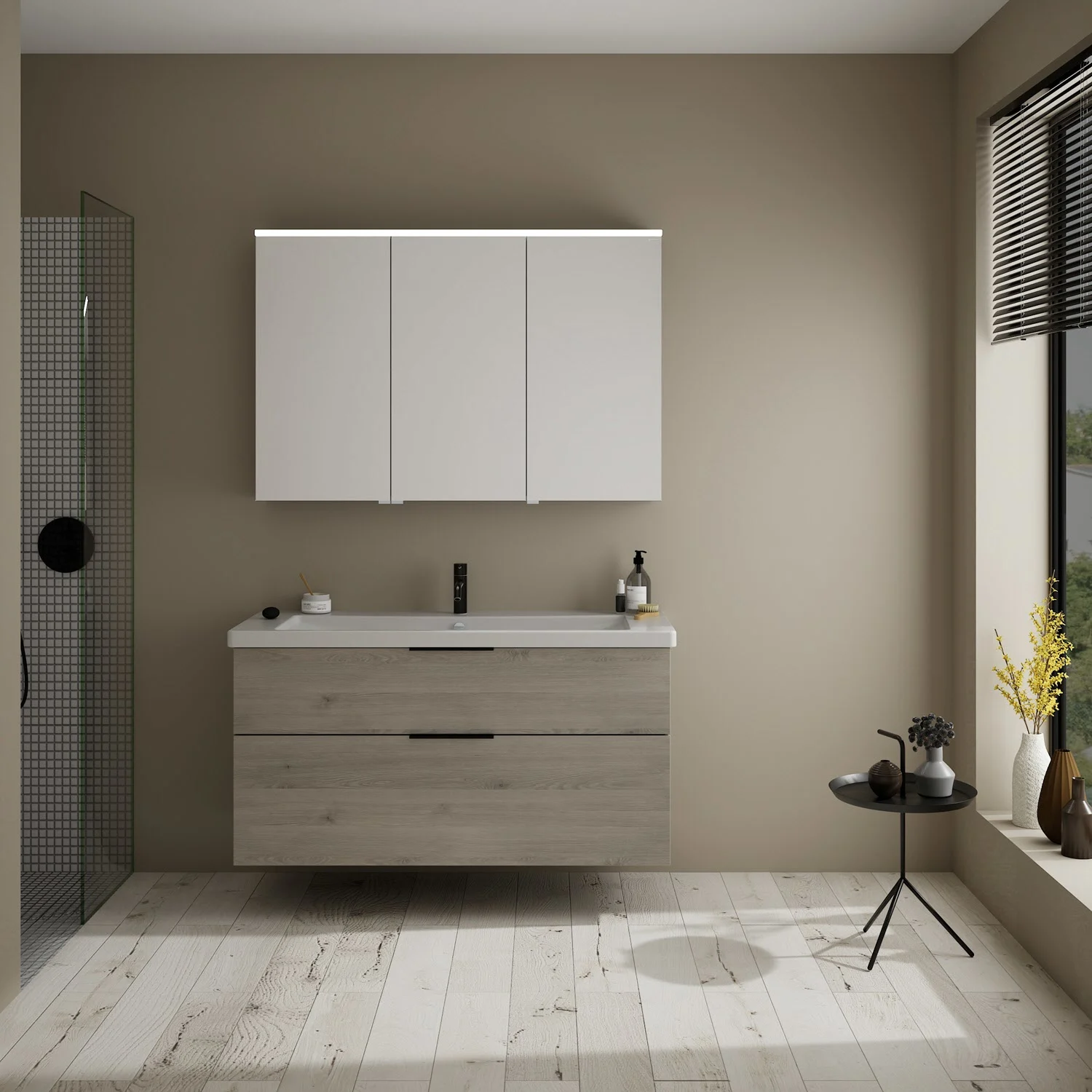 Kombinacja mebli łazienkowych z ceramiczną umywalką w nowoczesnym pomieszczeniu, Burgbad