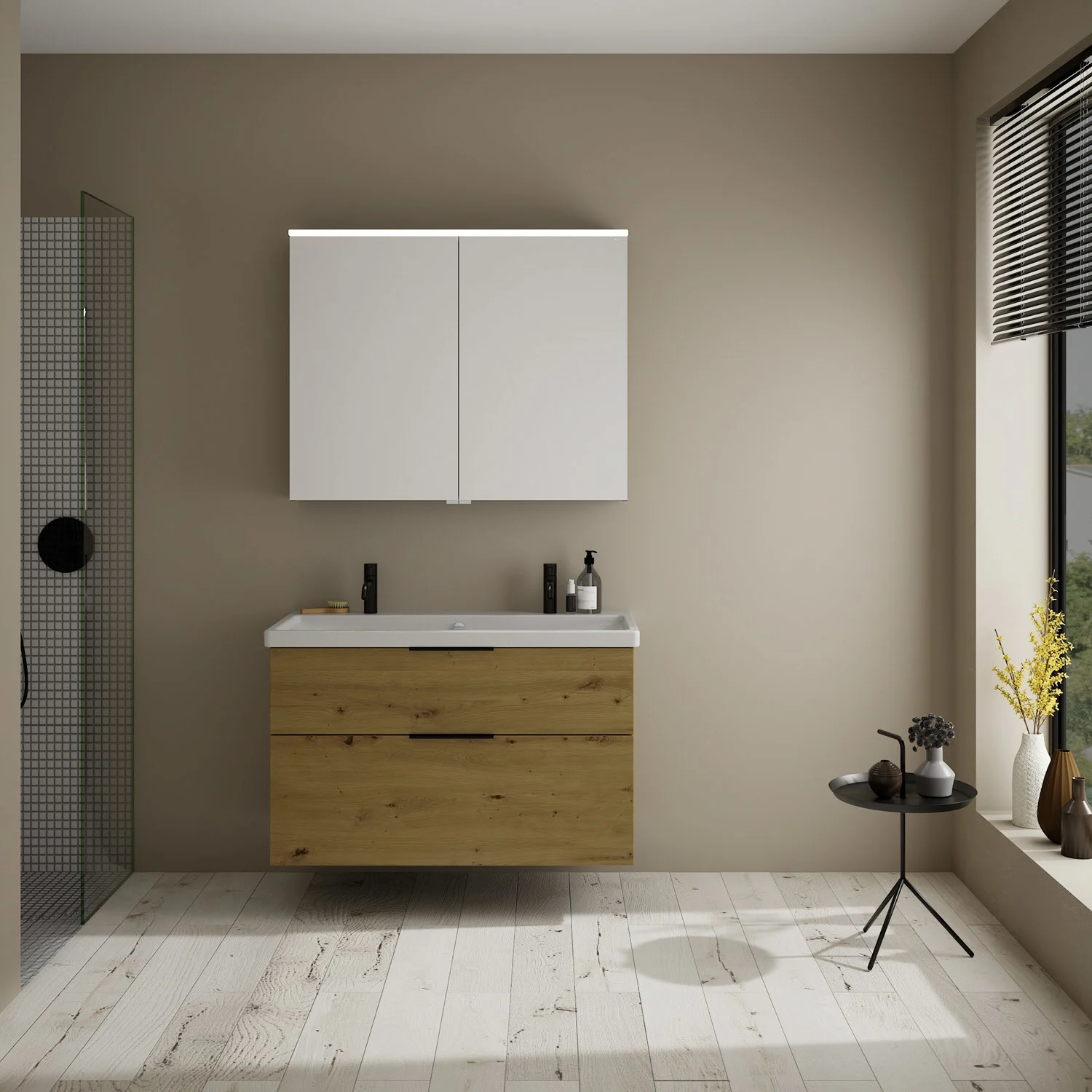 Zestaw mebli łazienkowych z ceramiczną umywalką w nowoczesnym pomieszczeniu, Burgbad