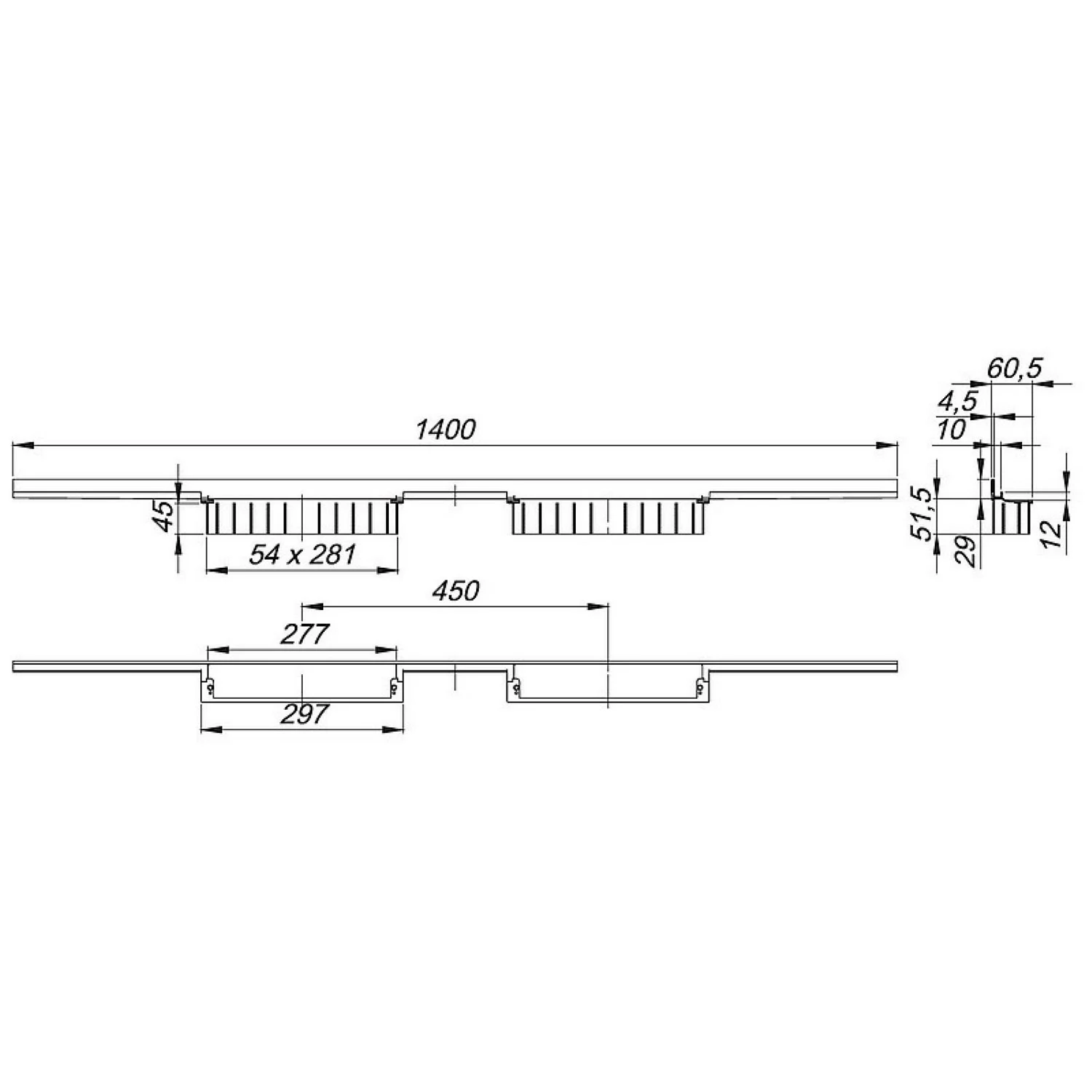 Rysunek techniczny odpływu prysznicowego 1400 mm, Dallmer