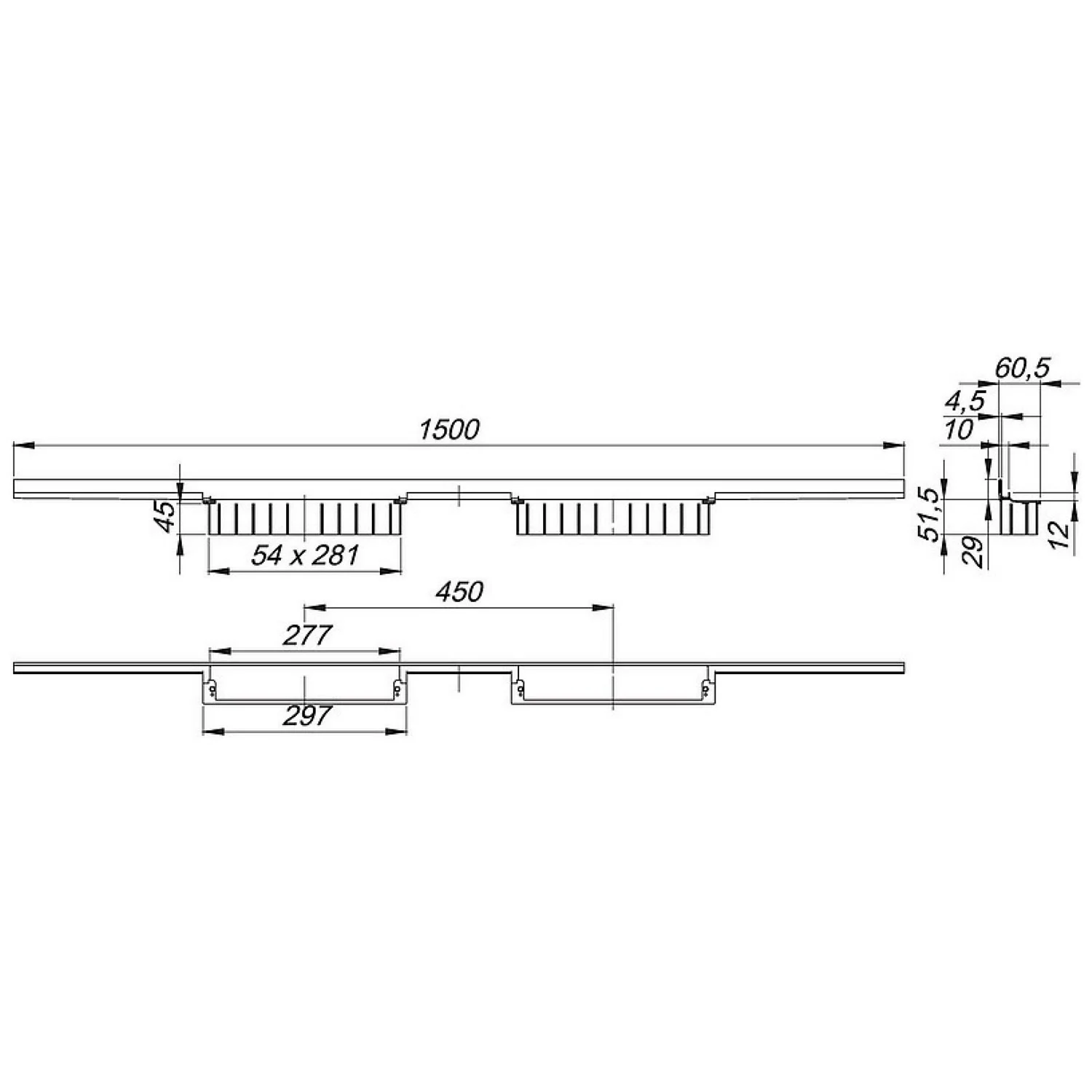 Rysunek techniczny odpływu prysznicowego 1500 mm, Dallmer