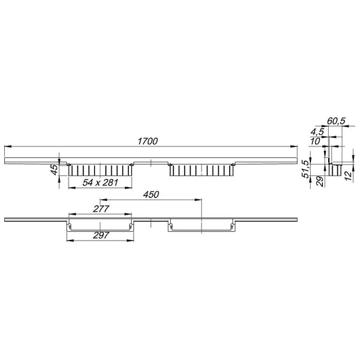 Rysunek techniczny odpływu prysznicowego 1700 mm, Dallmer