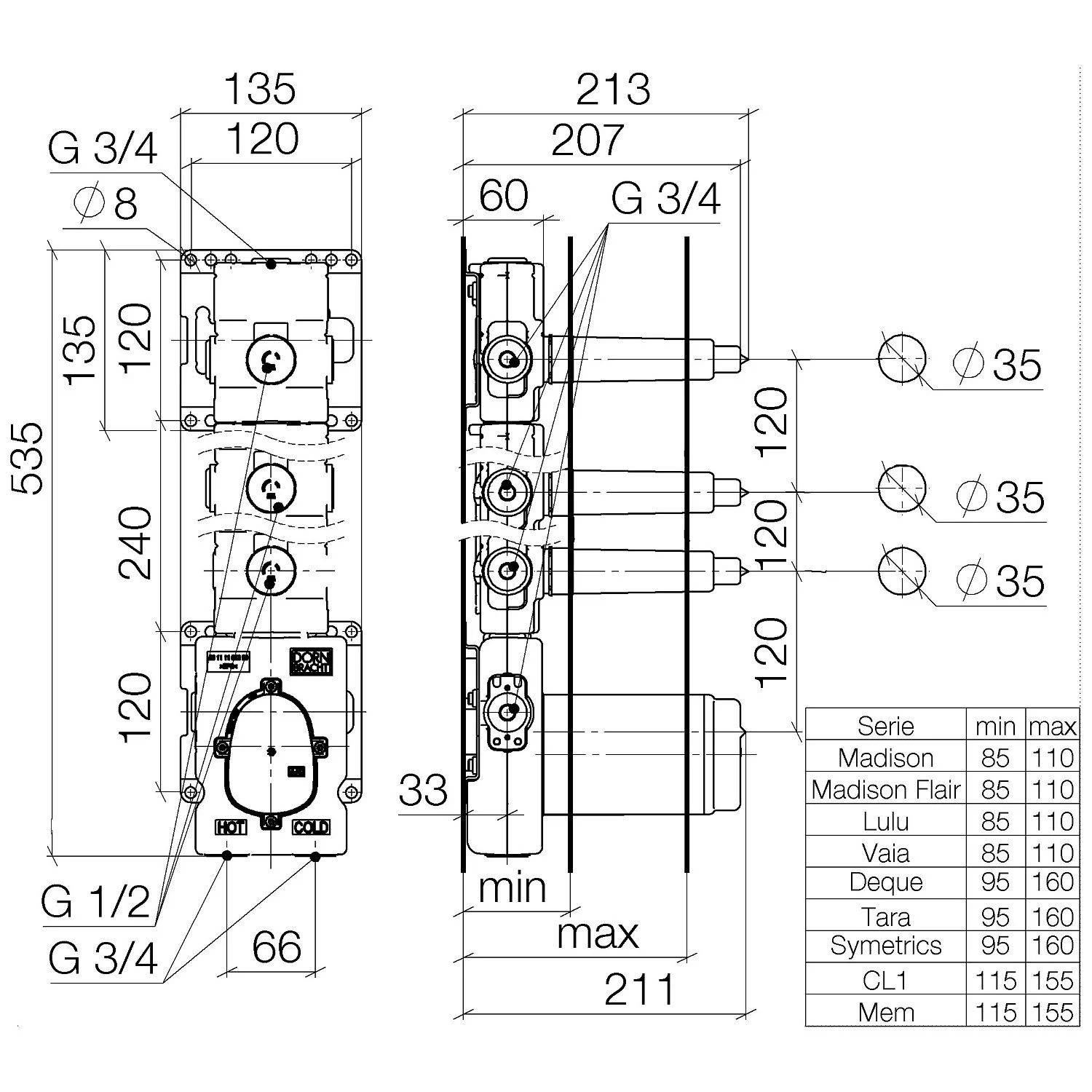 Dornbracht Grundkörper xTool Thermostatmodul mit 3 Ventilen 3/4" Bild 3